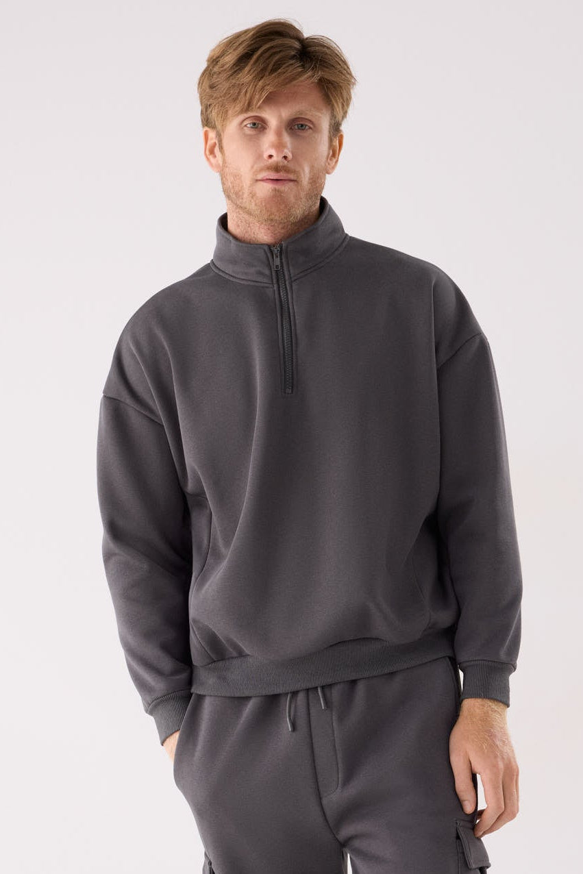 Sweat sport homme anthracite molletonné demi-zip
