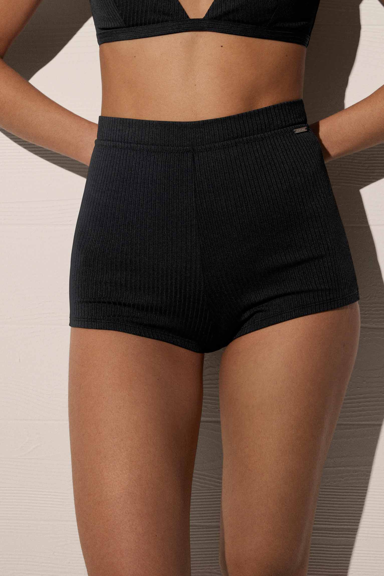 Bas de bikini short taille haute à texture rayée noire