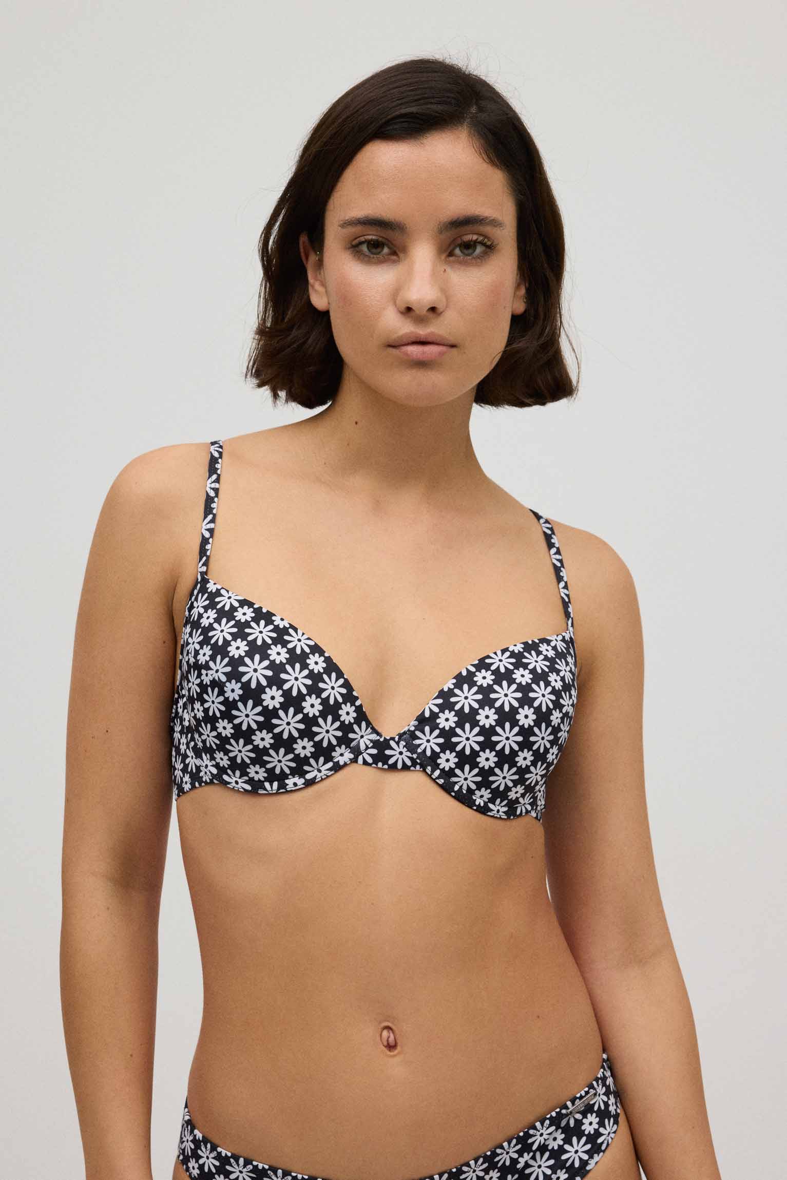 Haut de bikini classique à anneaux fleuris noir et blanc