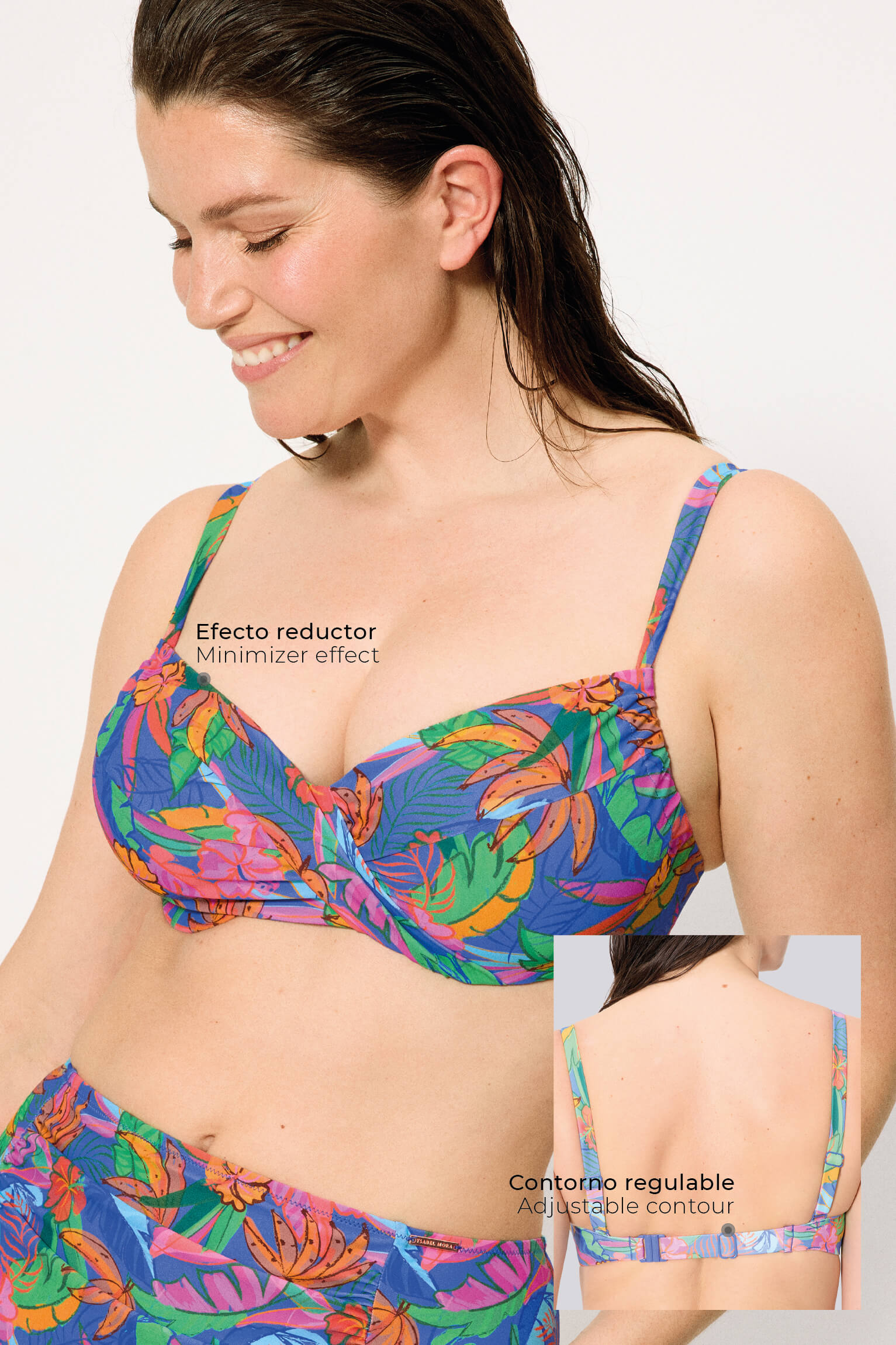 Haut de bikini minimaliste à imprimé tropical avec armatures réglables, bonnets C et D