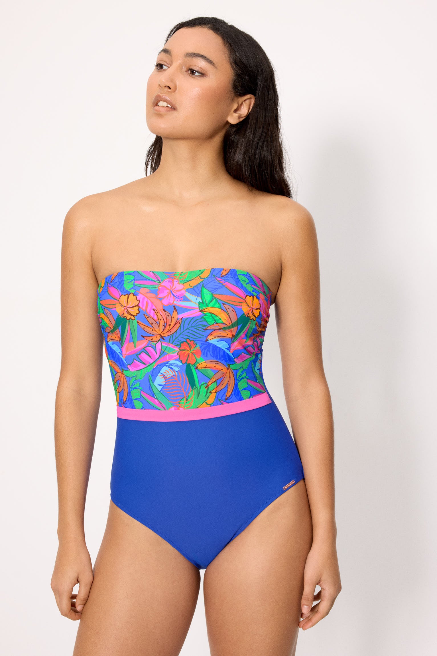 Maillot de bain bandeau amincissant à imprimé tropical, bonnet B