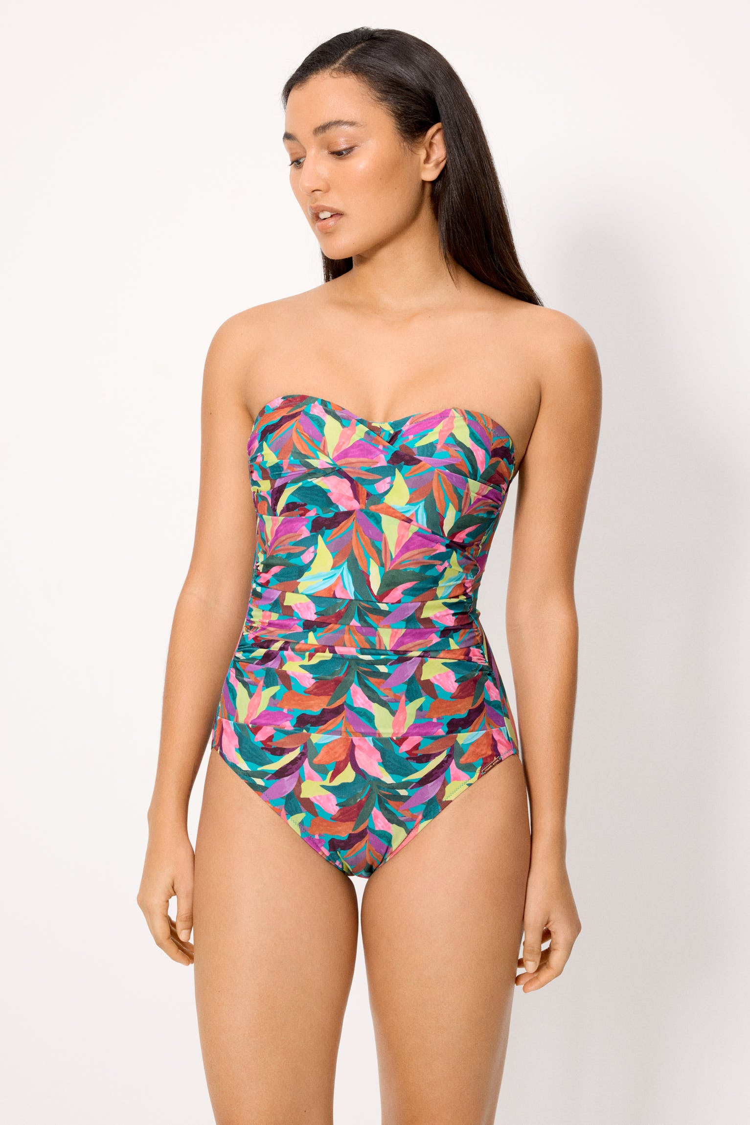 Maillot de bain bandeau amincissant à compression forte, motif feuilles, bonnet B