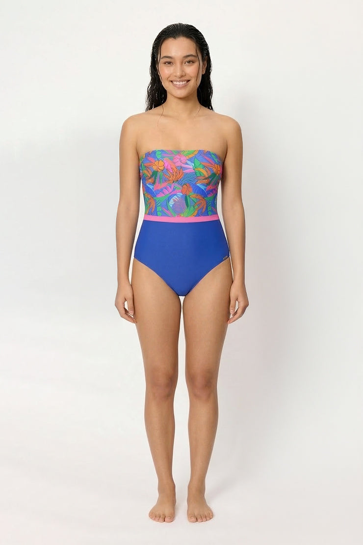 Maillot de bain bandeau amincissant à imprimé tropical, bonnet B