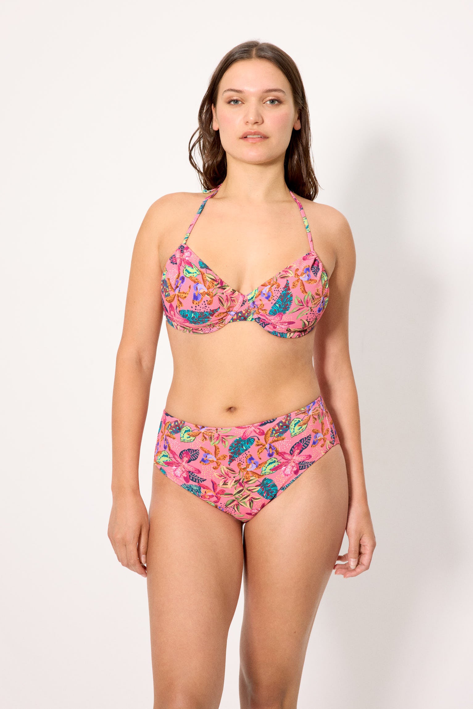 Conjunto de bikini reductor con braga alta piqué estampado tropical copa D - Ysabel Mora