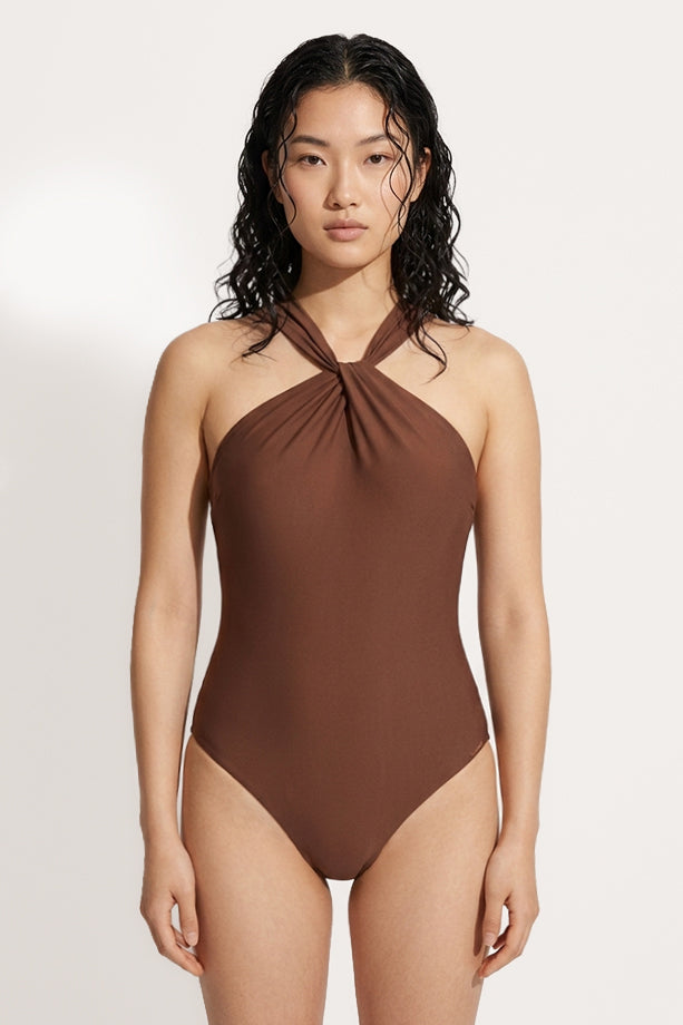 Maillot de bain amincissant marron, bonnet B