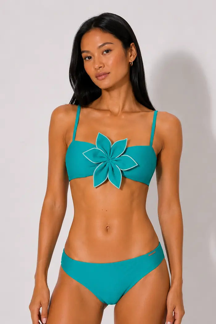 Haut de bikini bandeau bleu turquoise avec fleur centrale