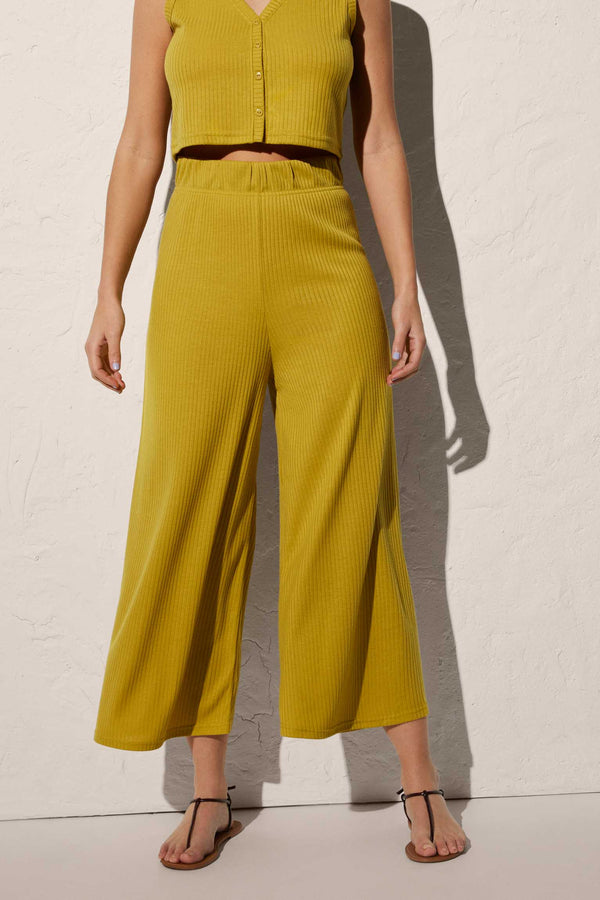 Pantalon capri coupe large à taille froncée vert citron