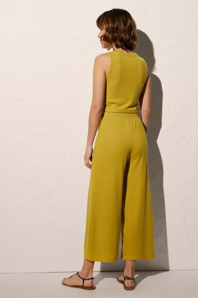 Pantalon capri coupe large à taille froncée vert citron