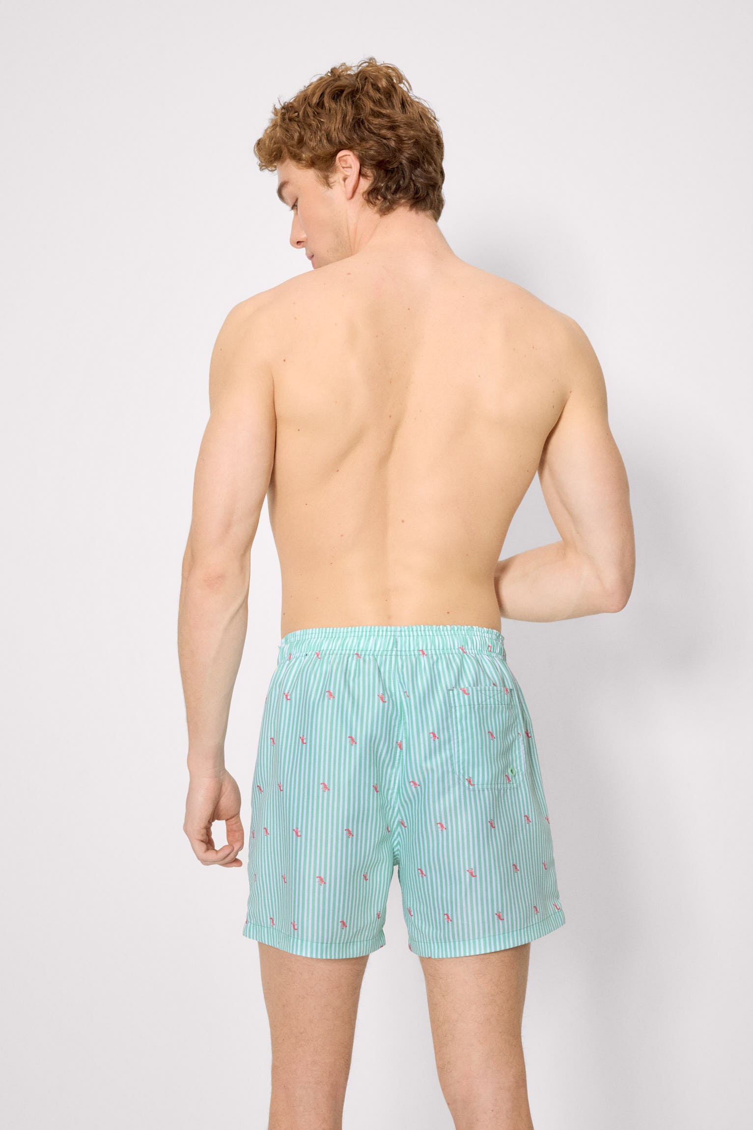 Maillot de bain mi-long vert à rayures et mini homards