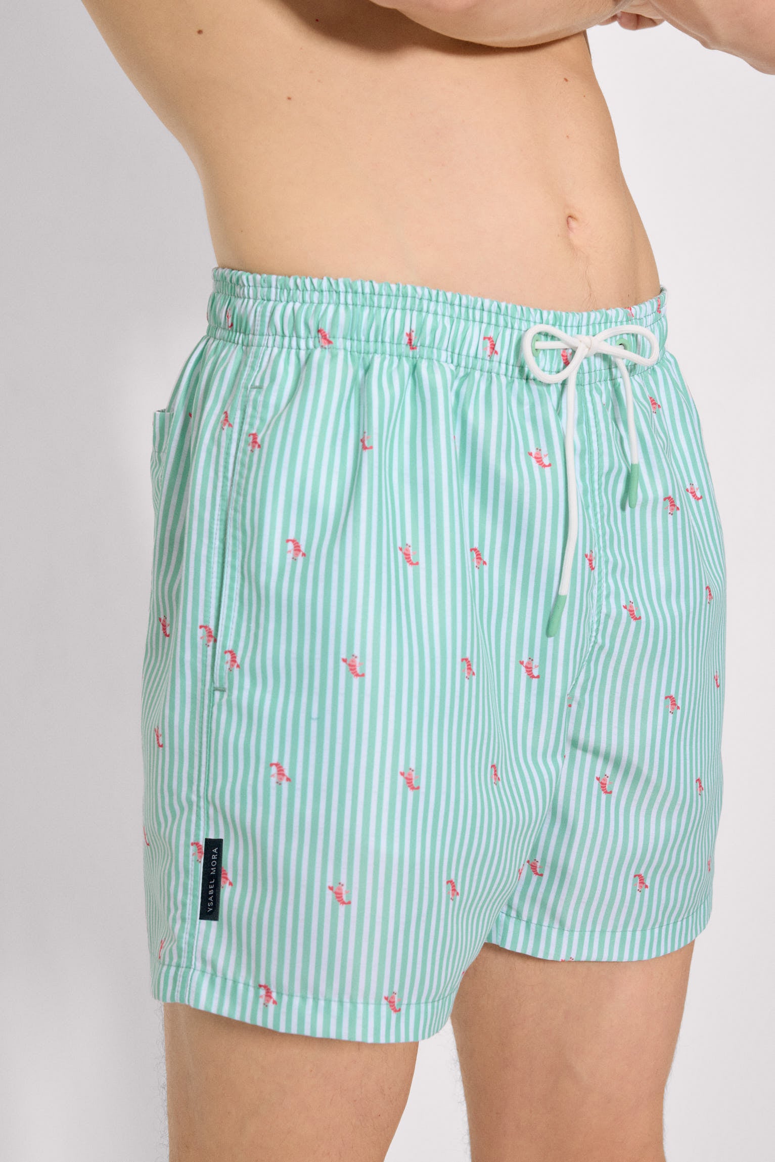 Maillot de bain mi-long vert à rayures et mini homards