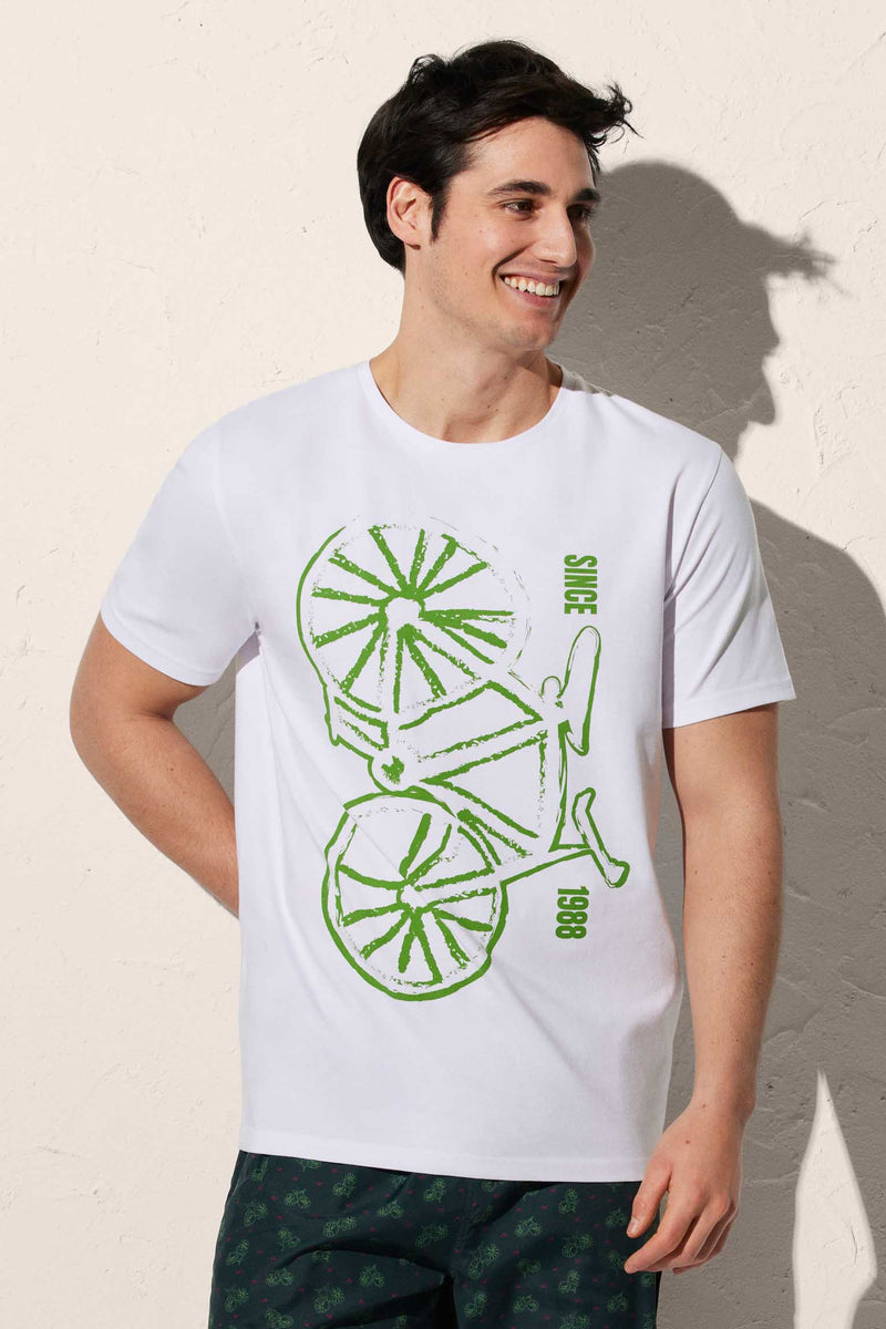 T-shirt homme blanc imprimé vélo