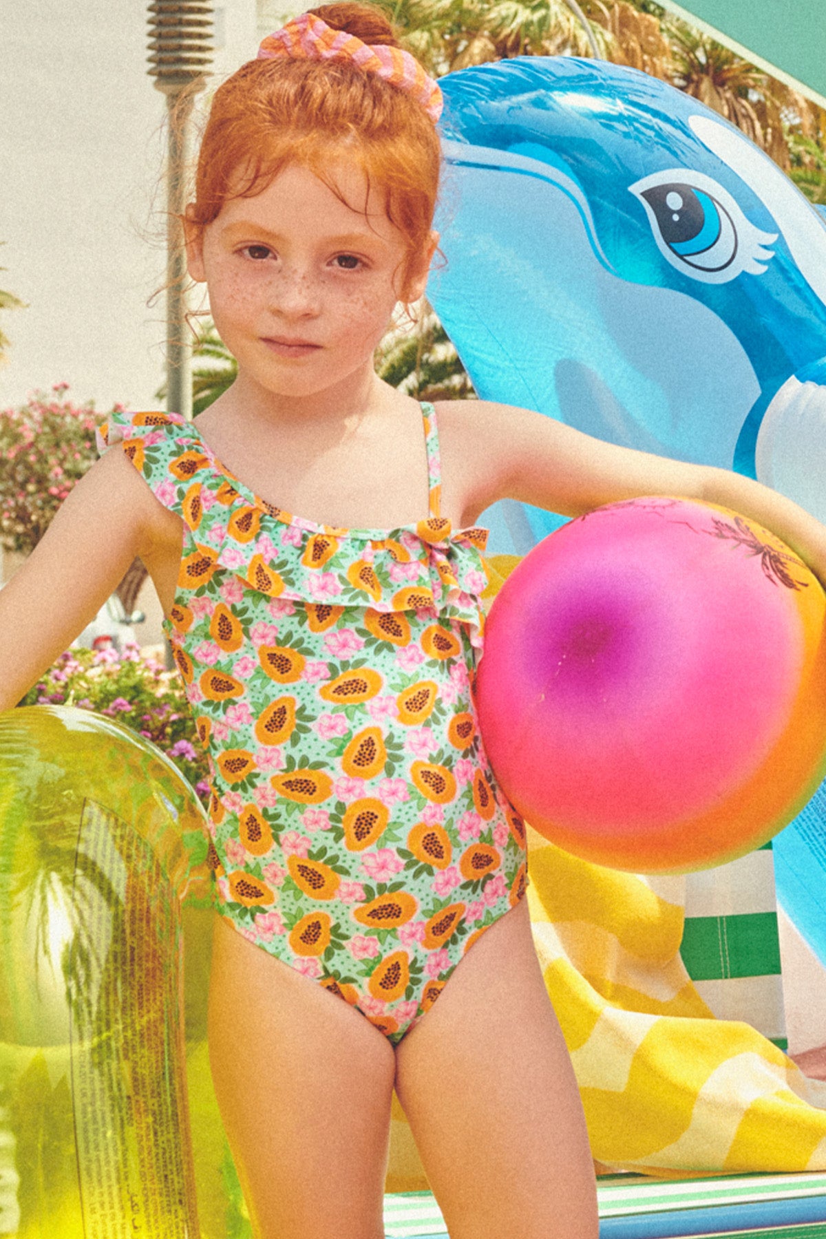Maillot de bain fille avec nœud imprimé papaye