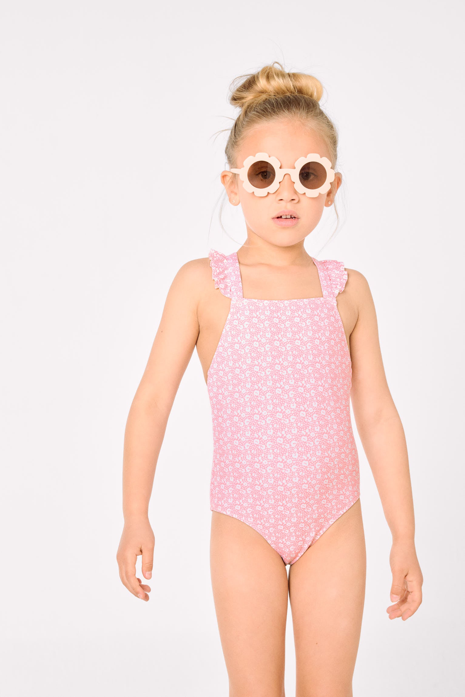 Maillot de bain pour fille avec détails à volants et bretelles croisées, imprimé léopard rose