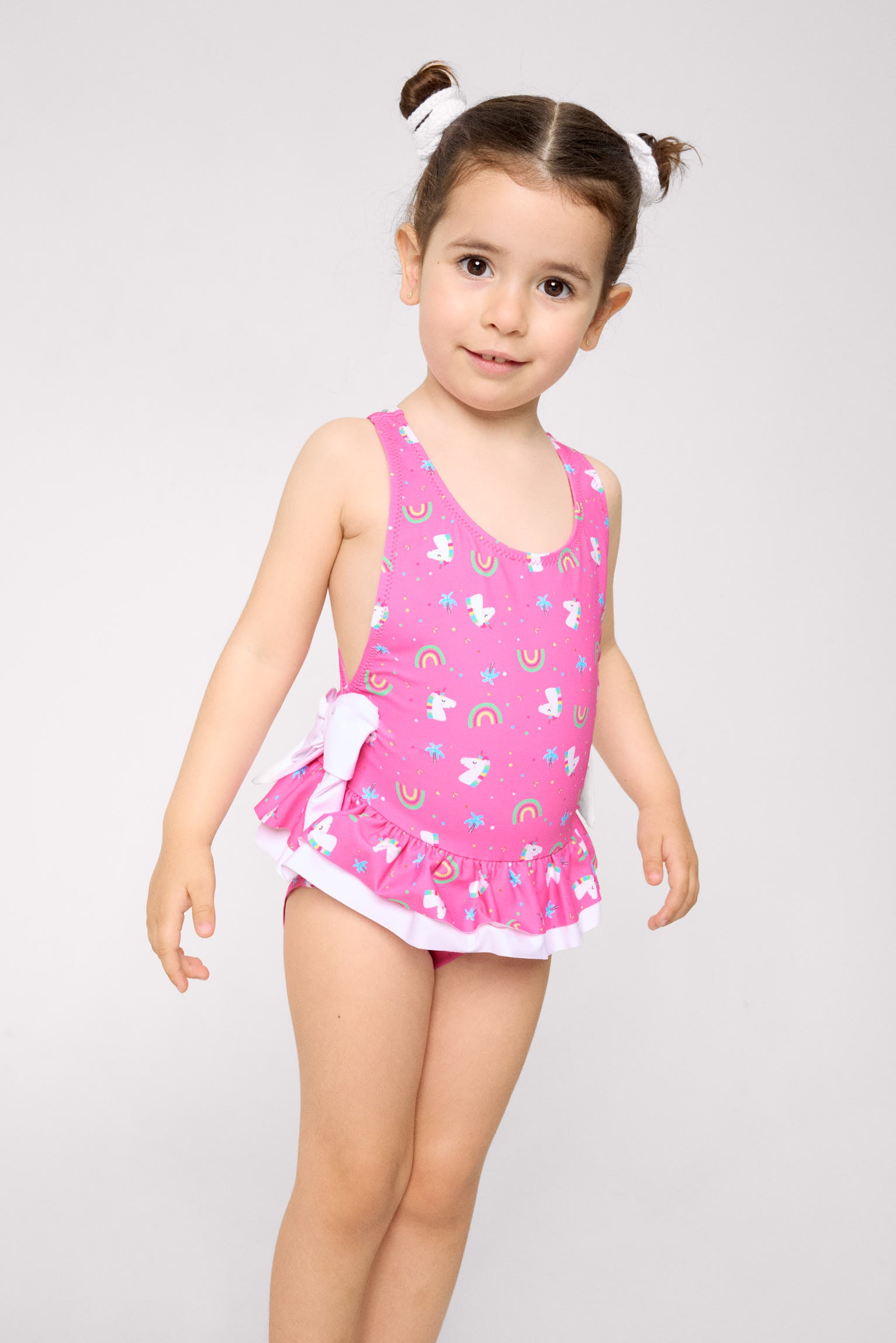 Maillot de bain pour fille avec volants et nœuds, imprimé licorne