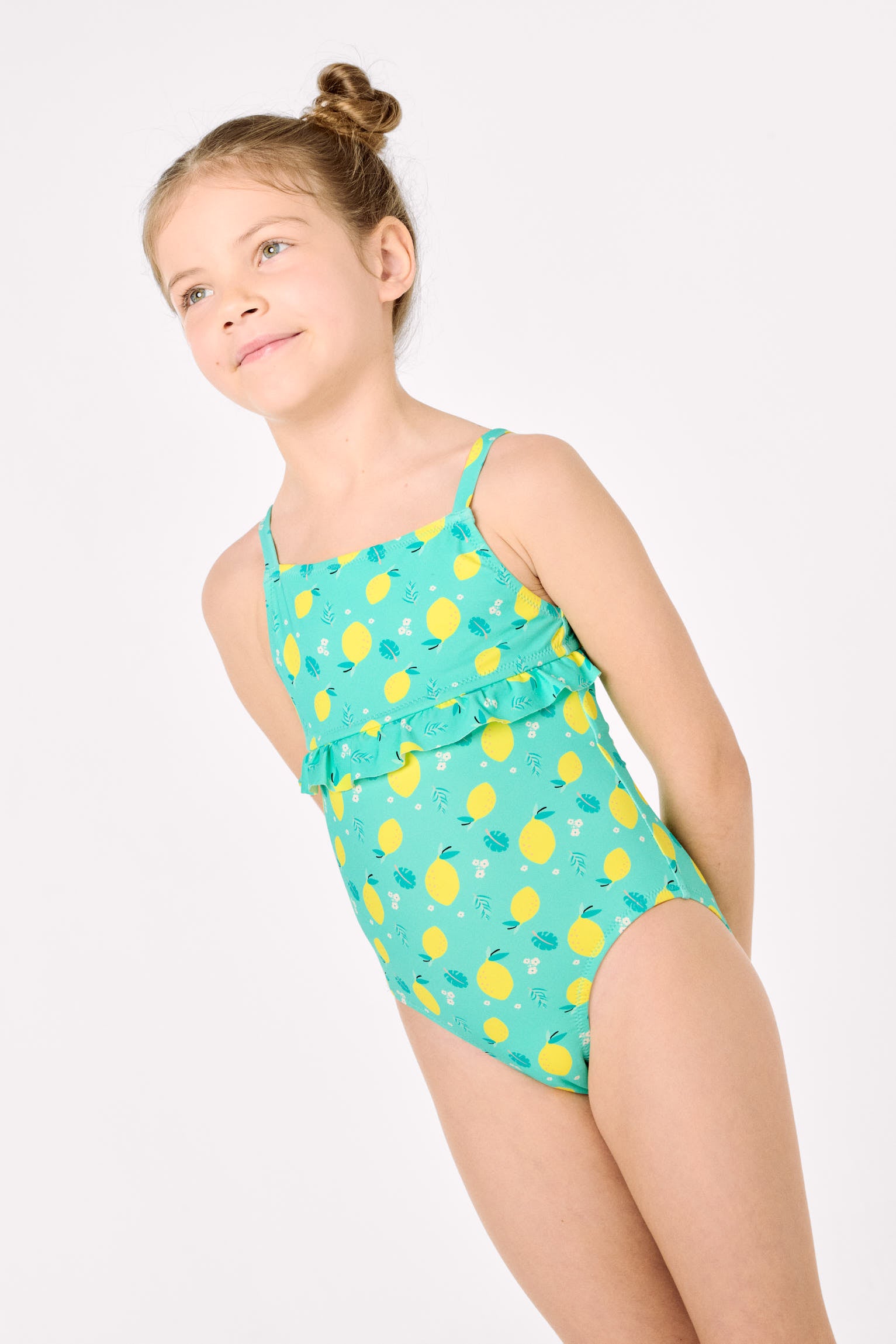 Maillot de bain fille avec volants imprimé citron