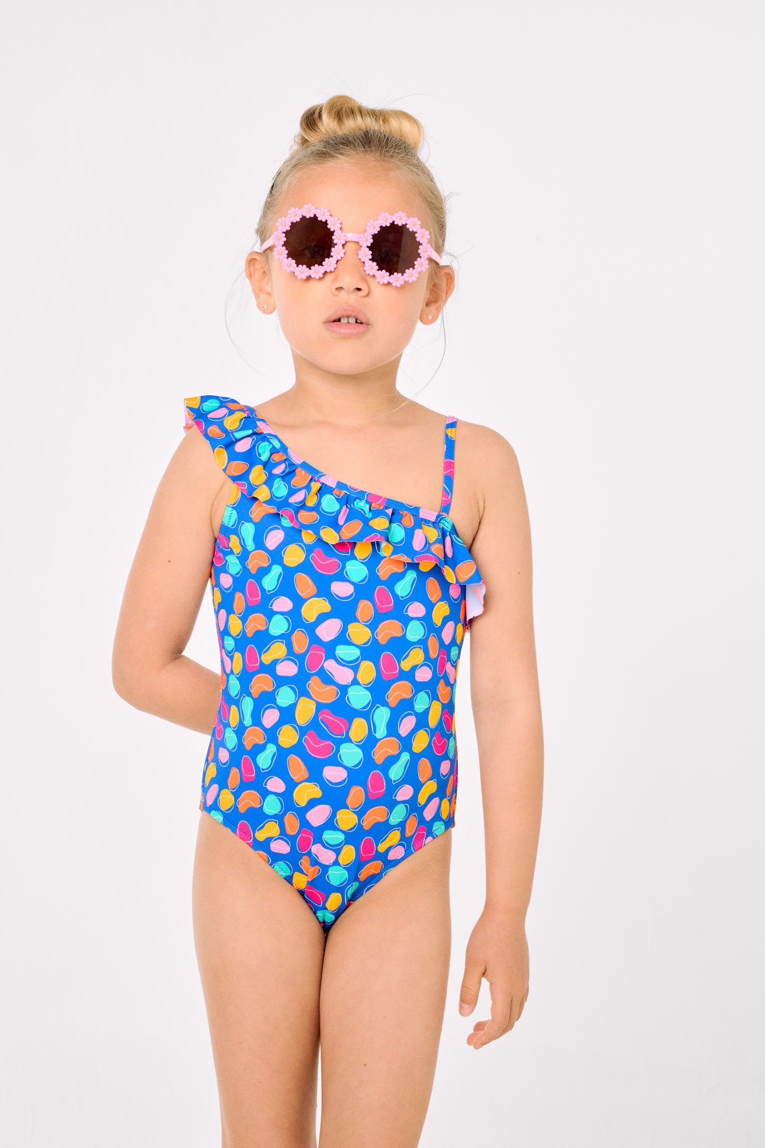 Maillot de bain asymétrique pour filles avec détails à volants et découpe imprimée aux formes organiques