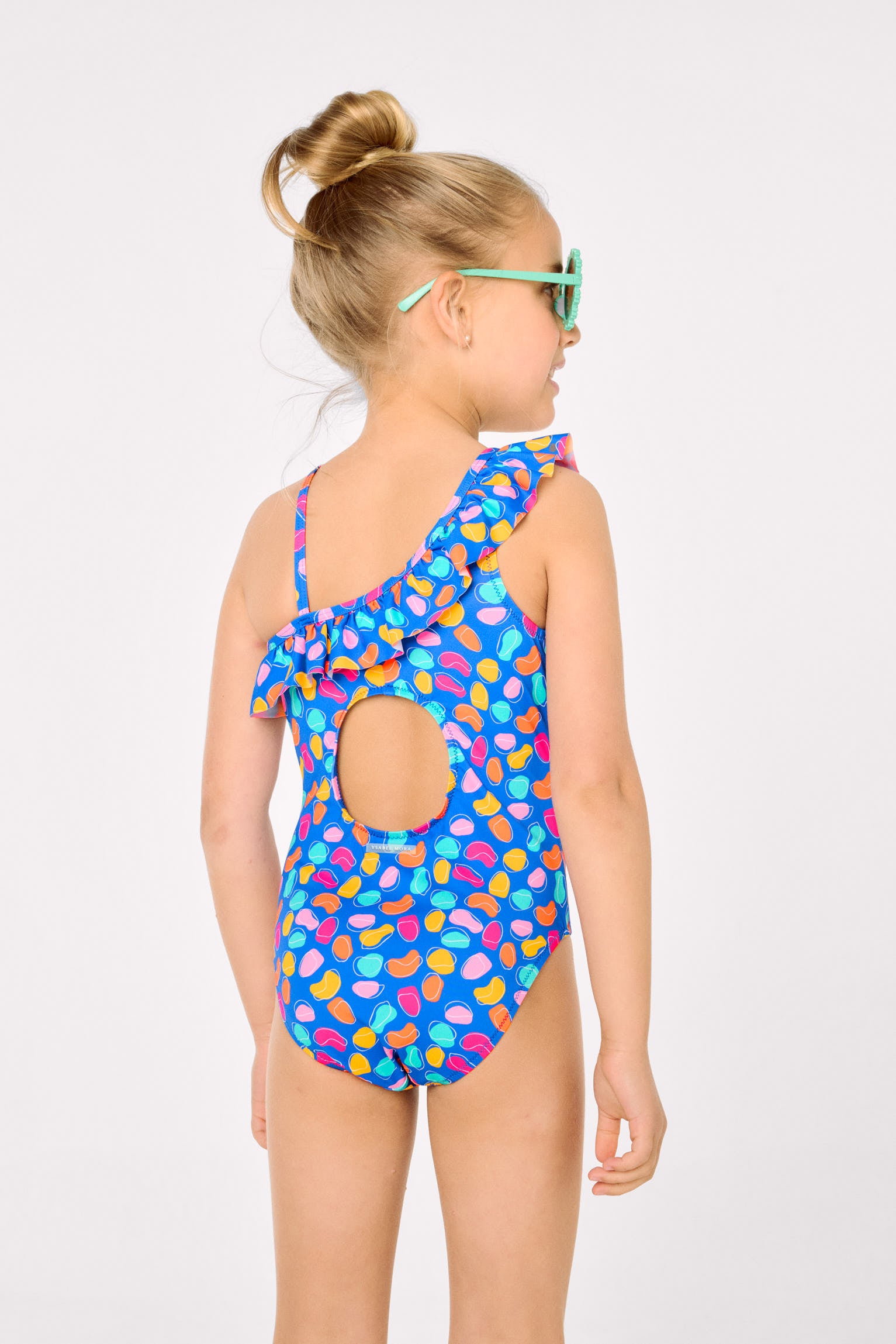 Maillot de bain asymétrique pour filles avec détails à volants et découpe imprimée aux formes organiques