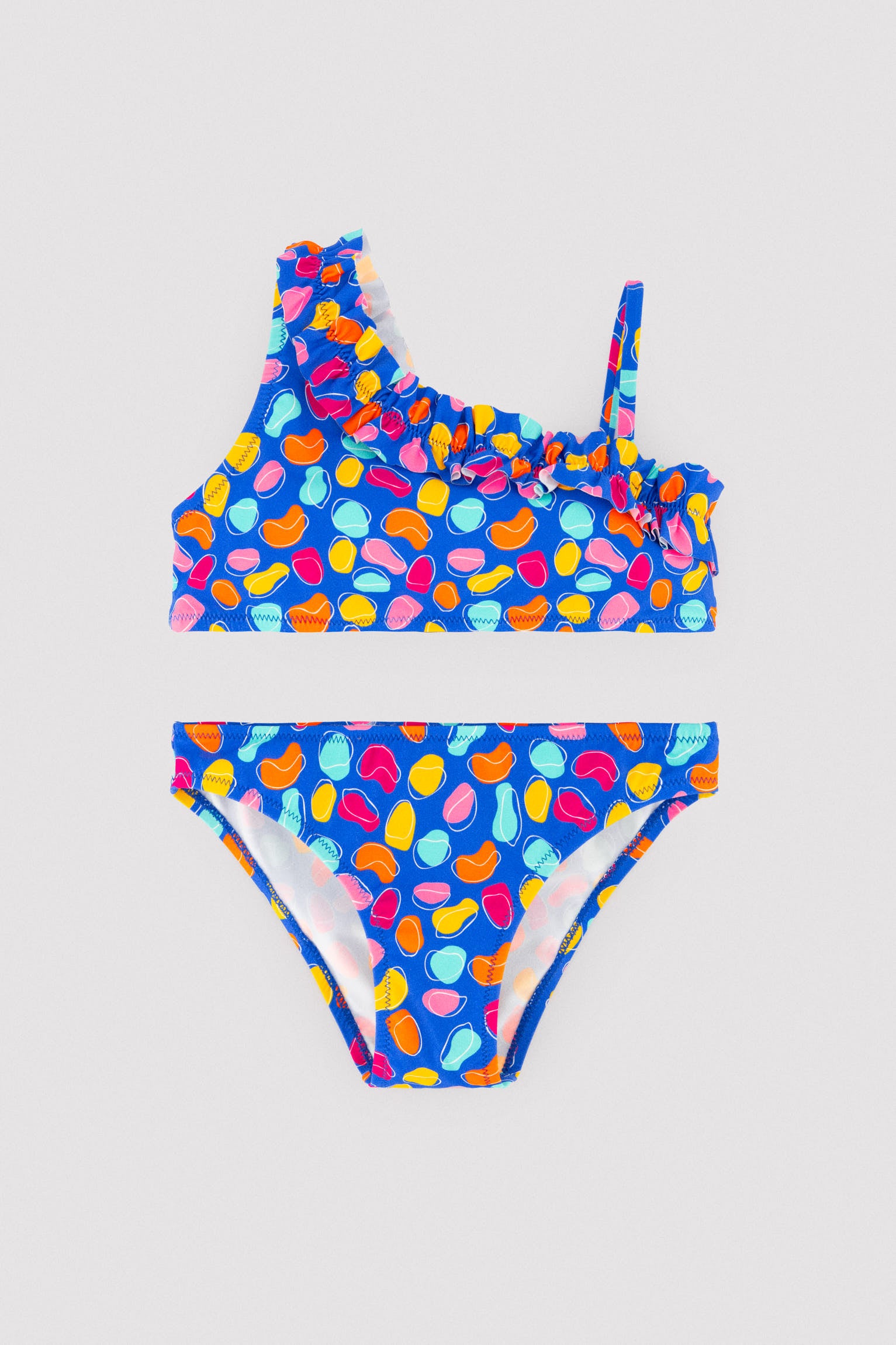 Bikini pour fille avec détails froncés et imprimé de formes organiques multicolores