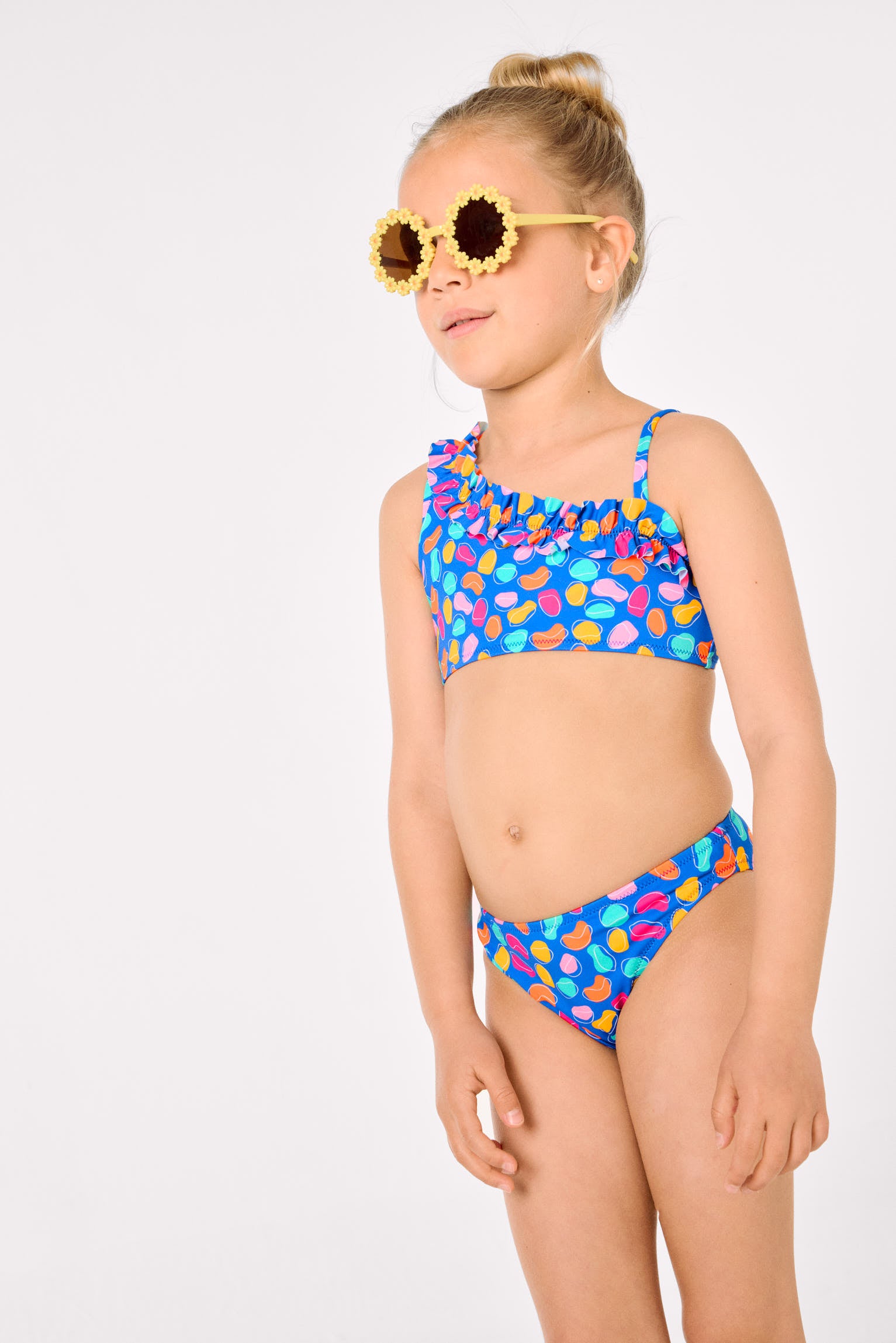 Bikini pour fille avec détails froncés et imprimé de formes organiques multicolores