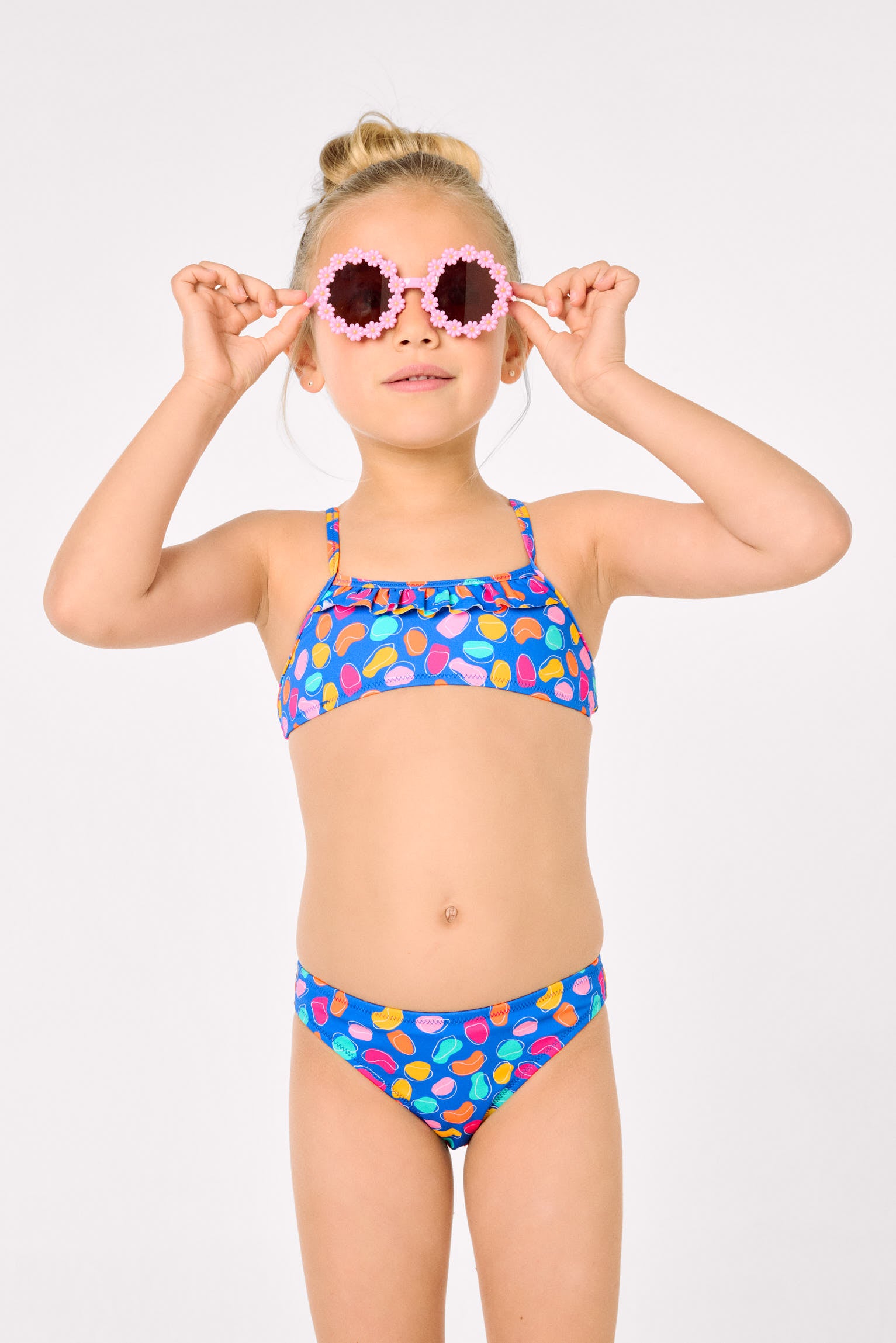 Bikini pour fille avec détails à volants, imprimé multicolore à motifs organiques
