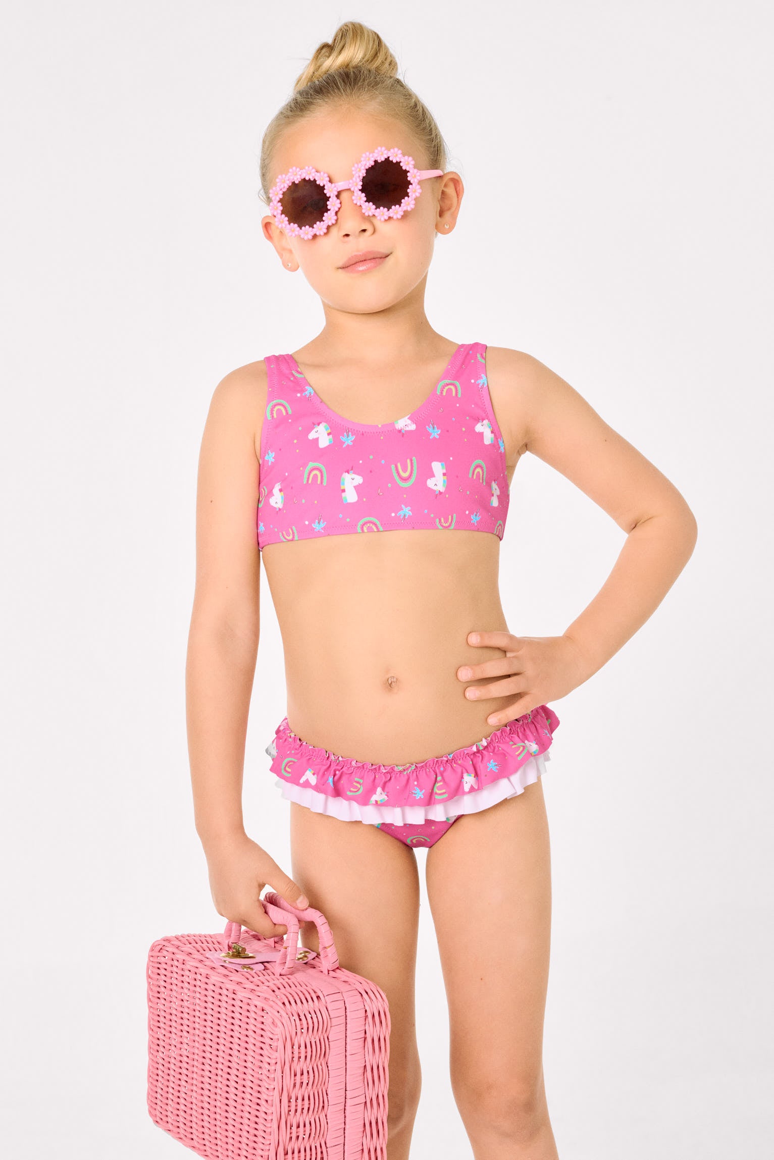 Bikini pour fille avec volants et nœuds, imprimé licorne