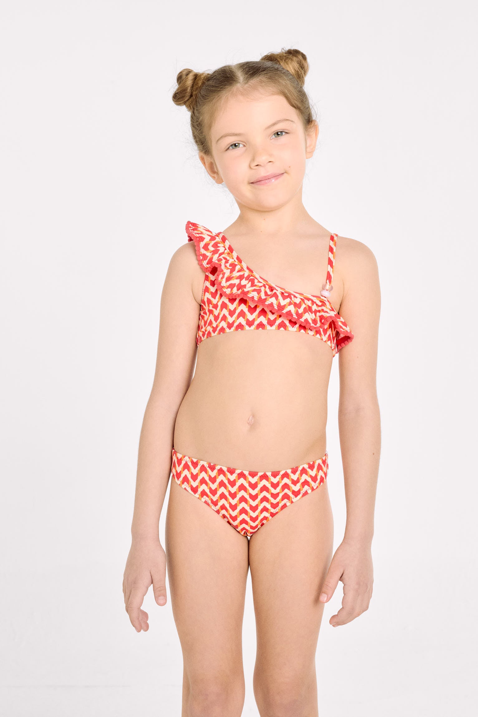 Bikini asymétrique pour filles avec détails à volants à imprimé ethnique