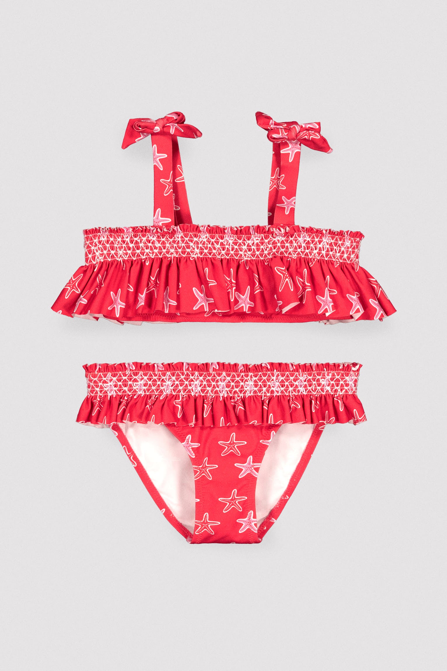 Bikini pour fille avec détails à volants et motif nid d'abeille orné d'étoiles de mer