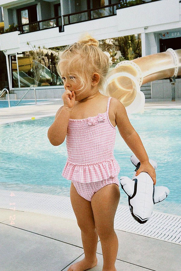 Maillot de bain bébé nid d'abeille vichy rose