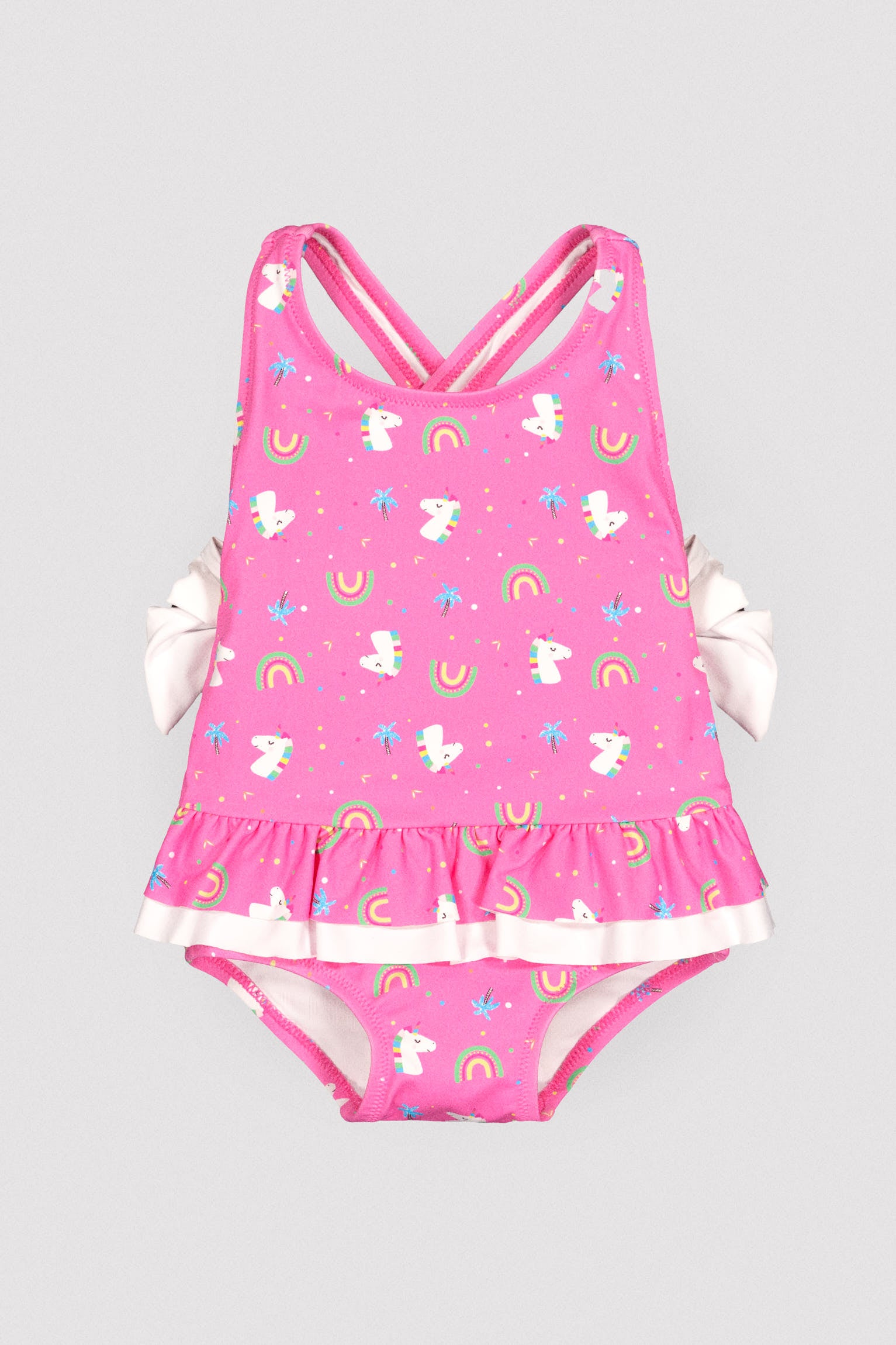 Maillot de bain bébé fille avec volants et nœuds, imprimé licorne
