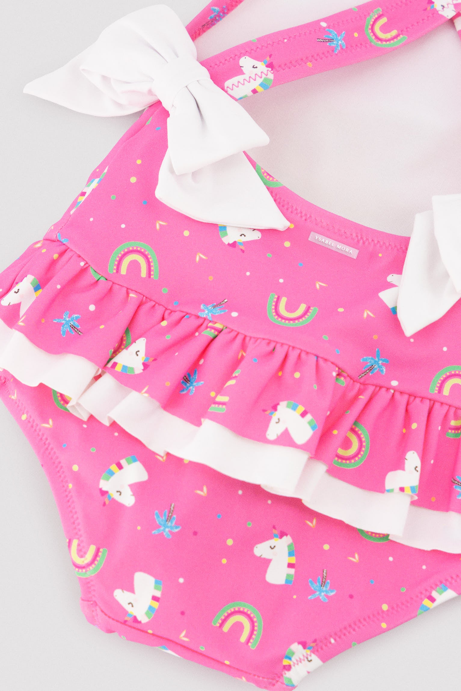 Maillot de bain bébé fille avec volants et nœuds, imprimé licorne