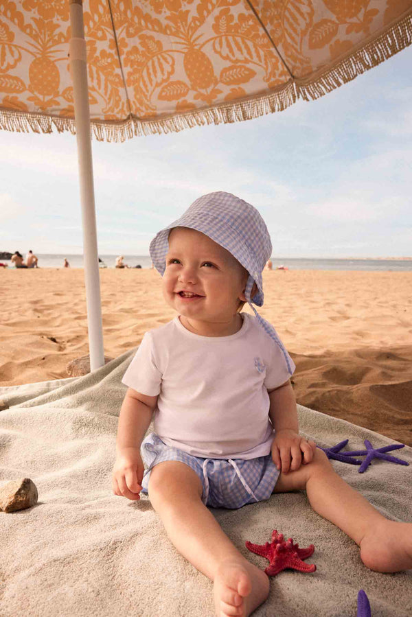 T-shirt bébé avec bas & chapeau de plage vichy bleu