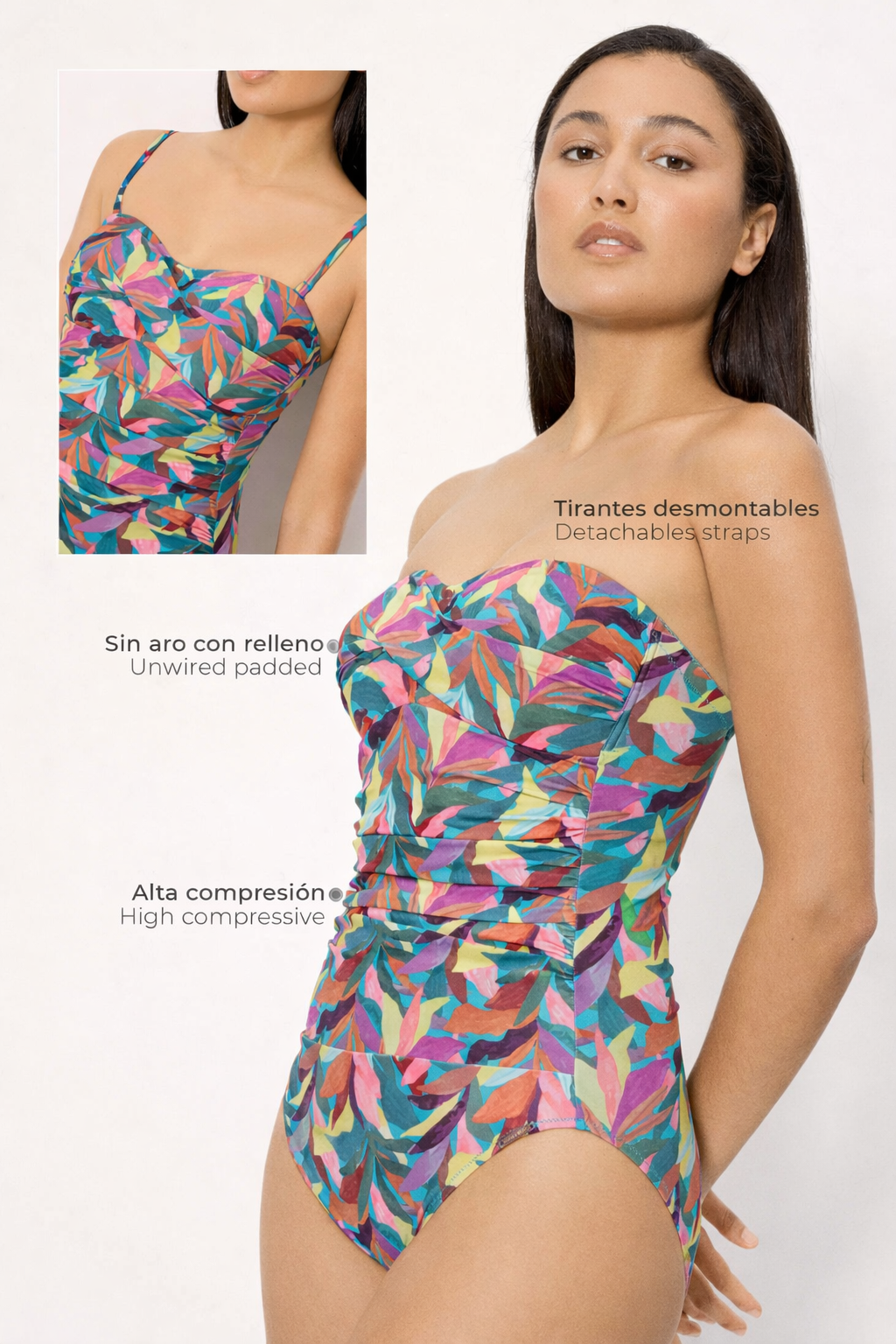 Maillot de bain bandeau amincissant à compression forte, motif feuilles, bonnet B