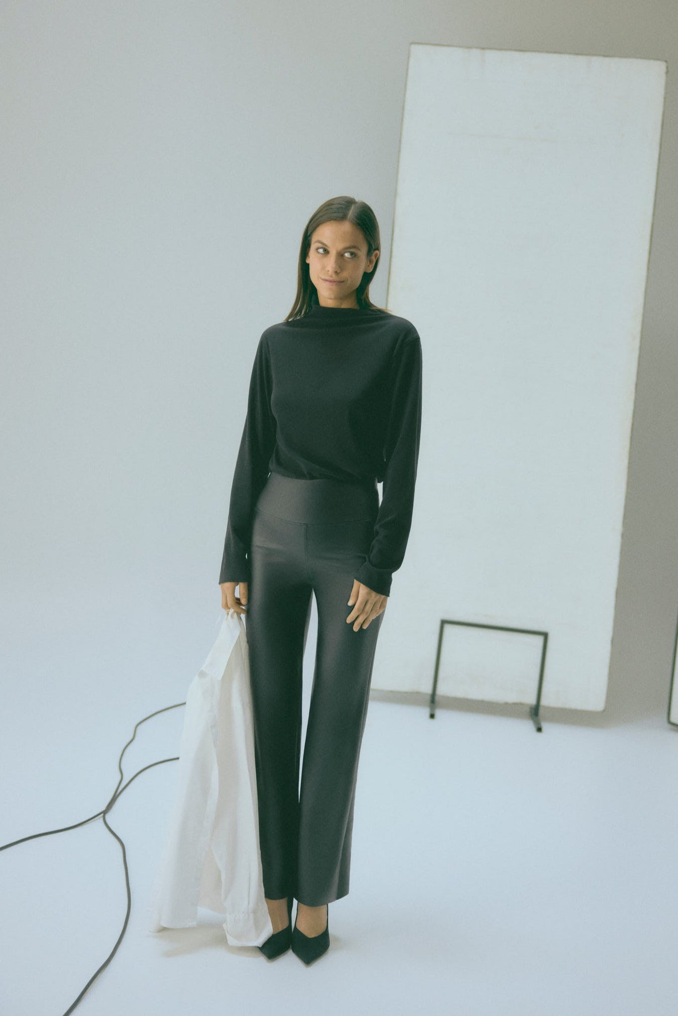Legging thermique ventre plat effet cuir évasé noir