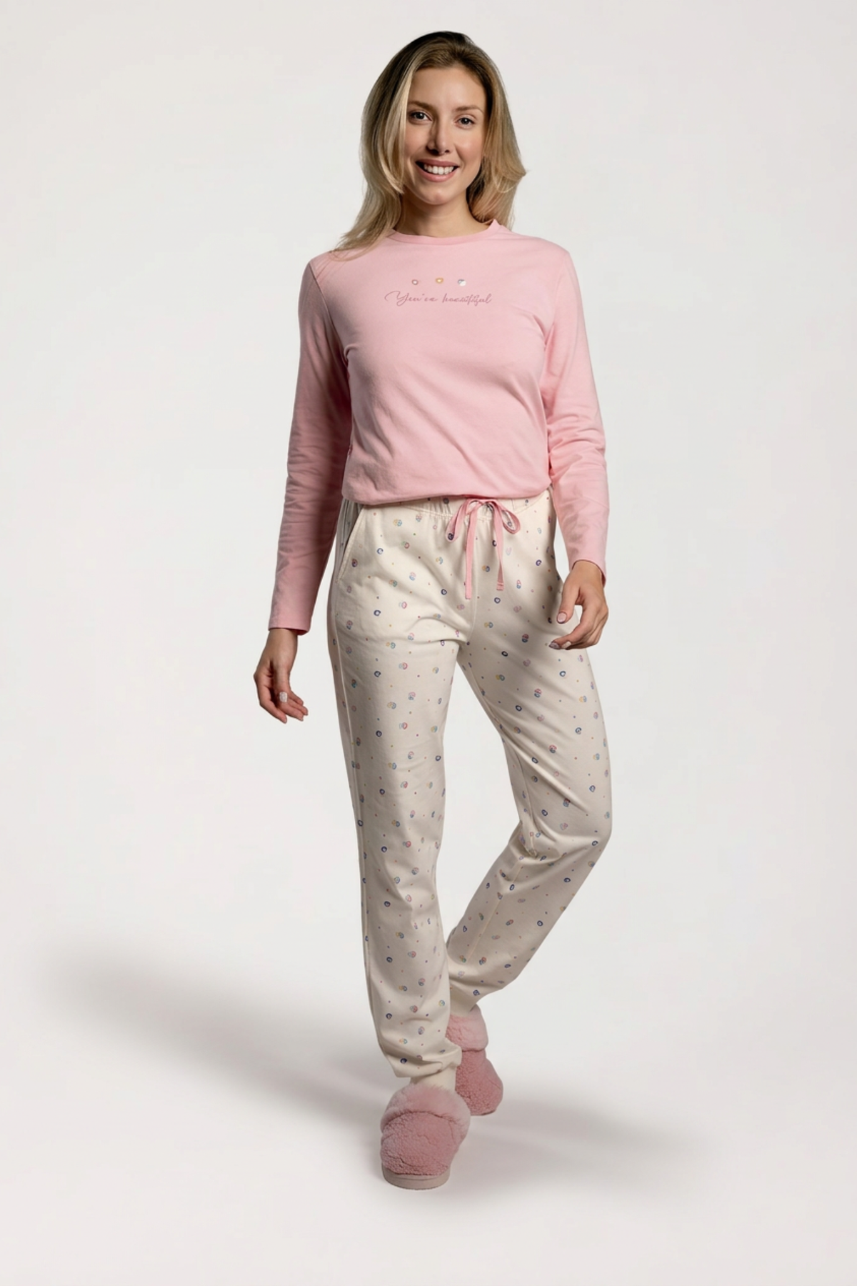 Pyjama long femme coton rose et blanc