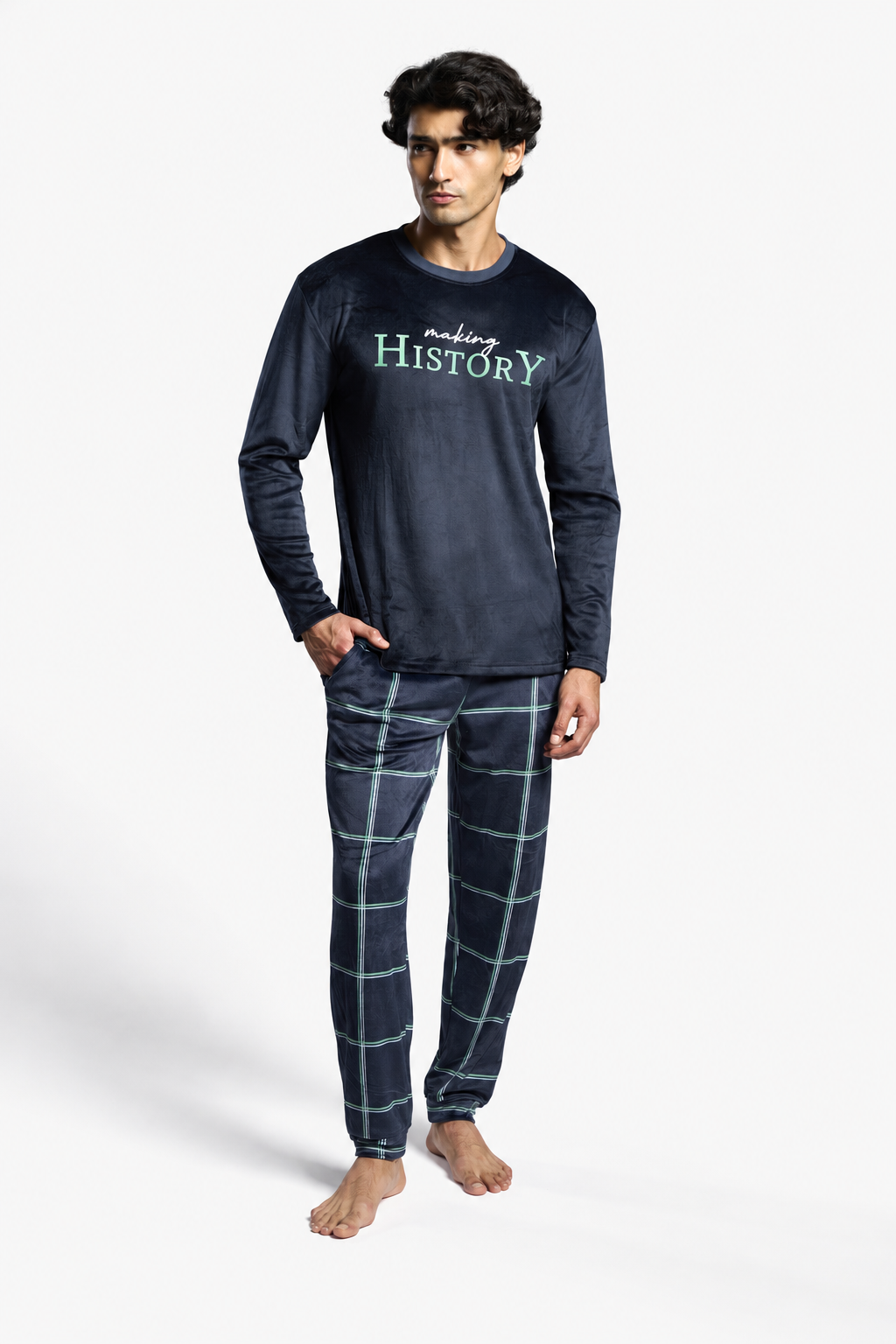 Pyjama long homme velours Making History à carreaux