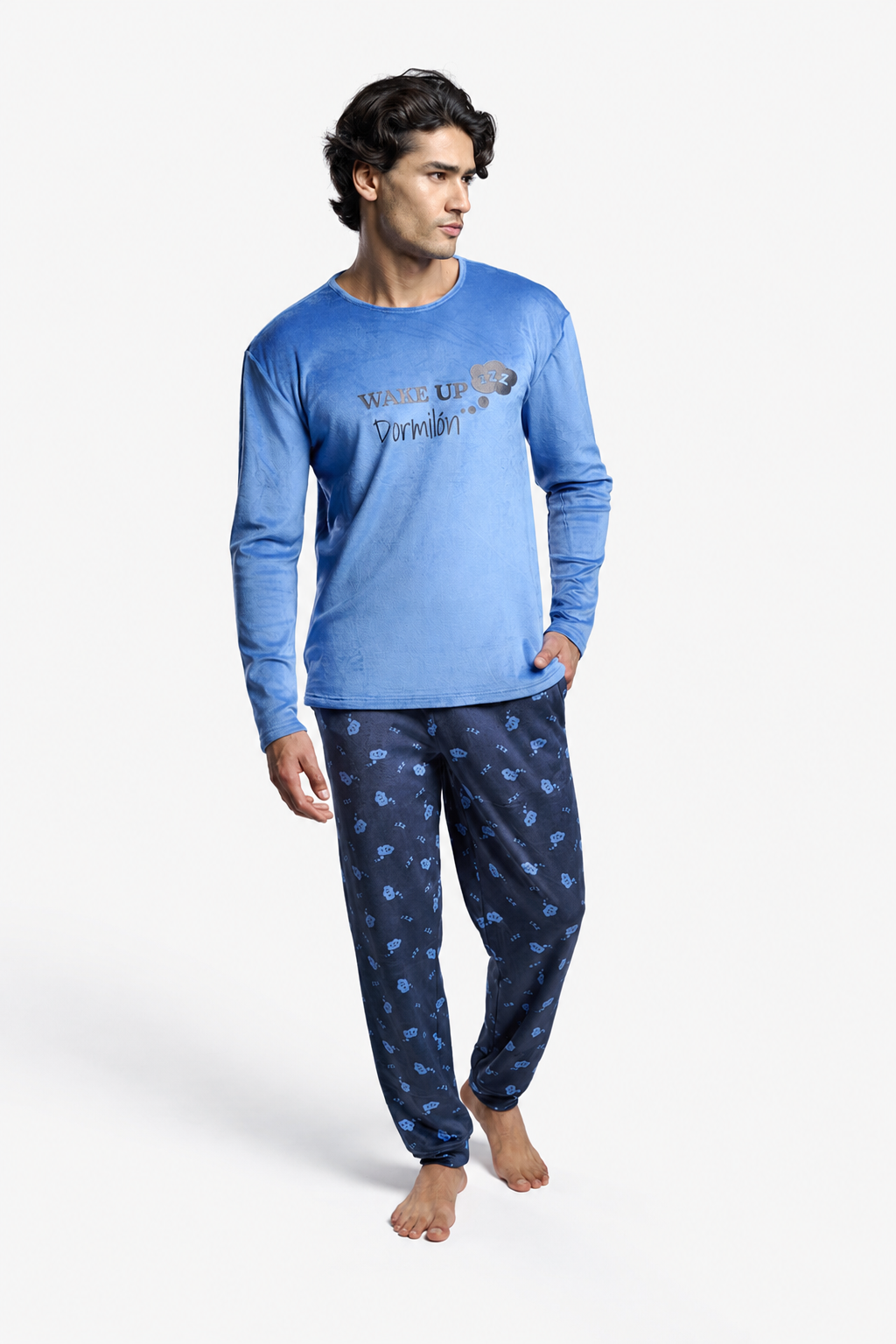Pyjama long homme velours imprimé Wake Up dormeur