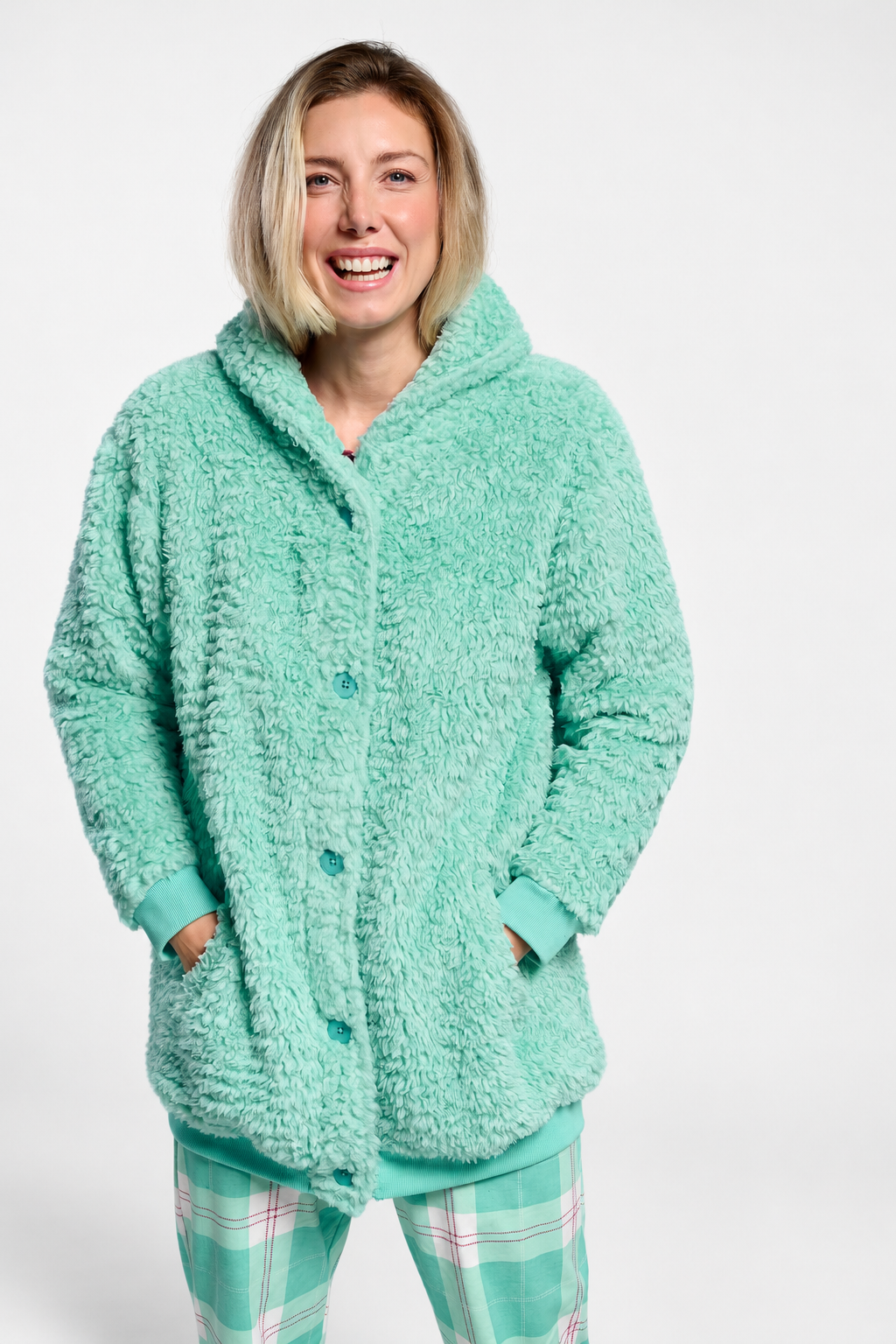 Peignoir court femme polaire sherpa vert avec boutons