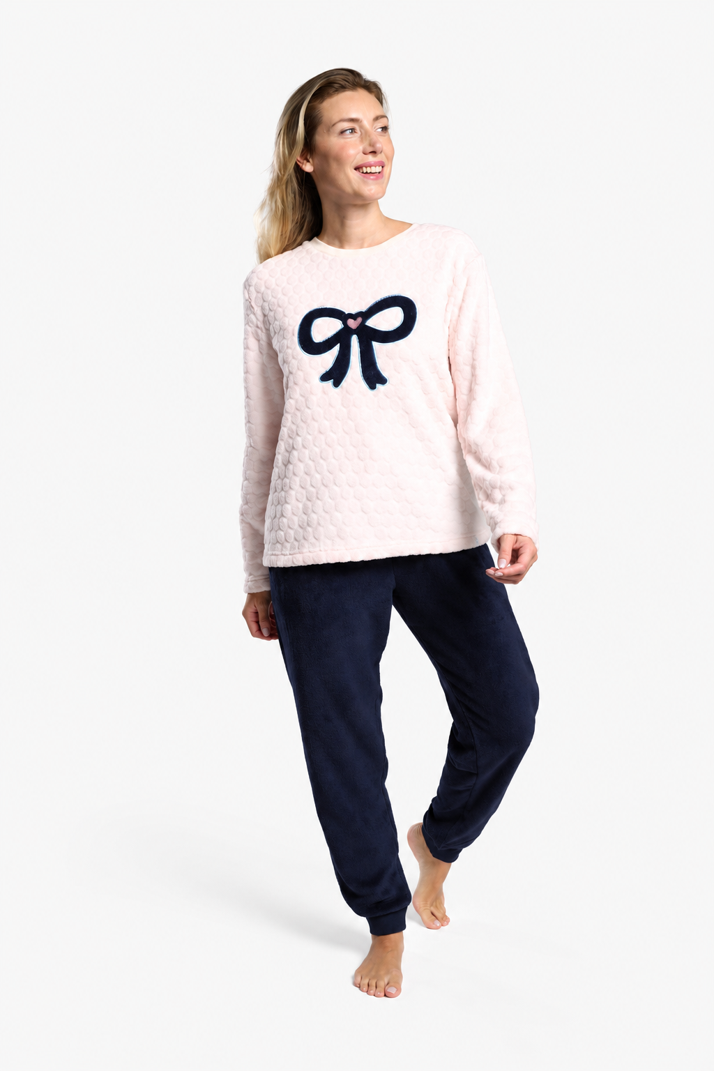 Pyjama long femme polaire corail détail nœud