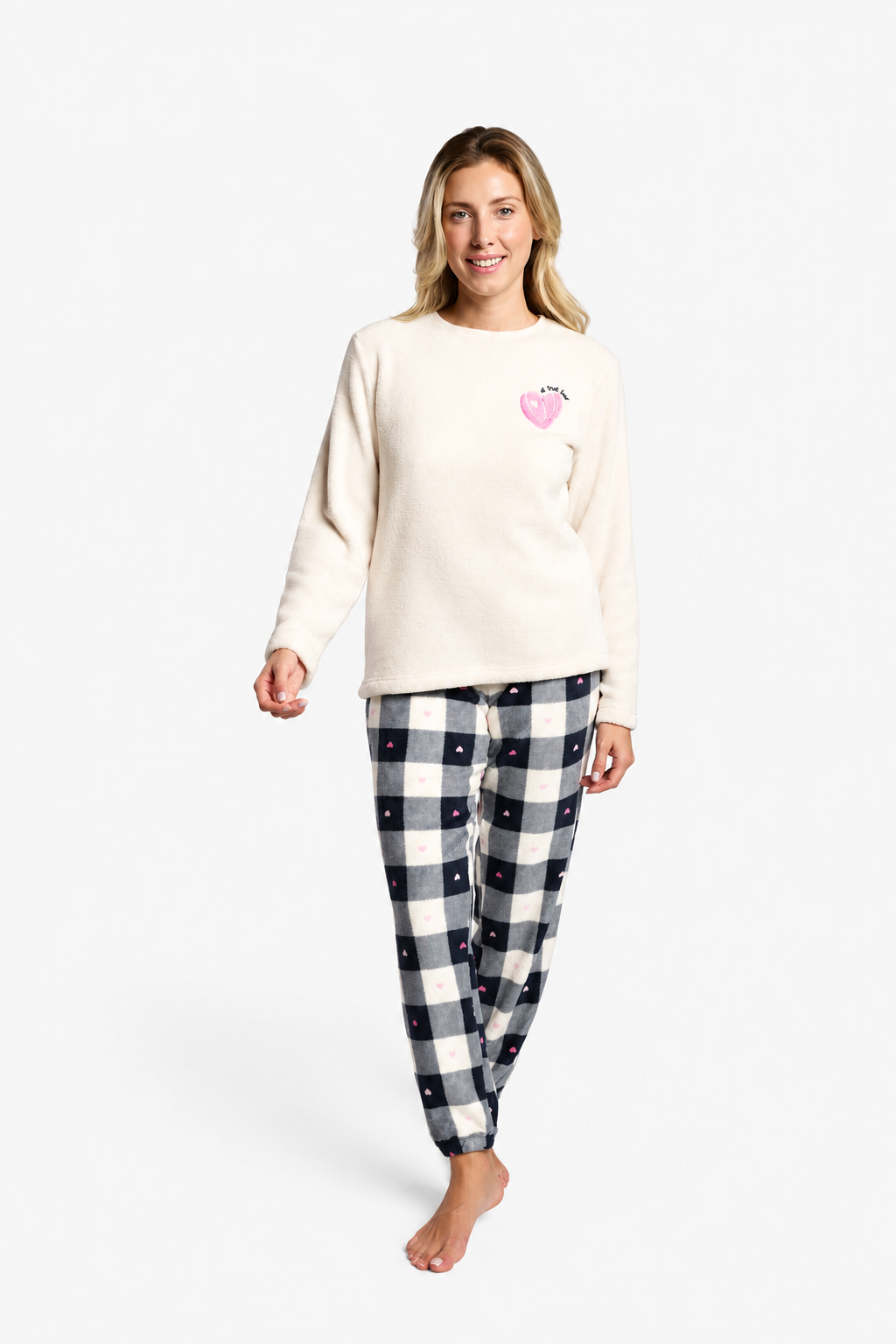 Pyjama long femme polaire corail à carreaux noir et blanc