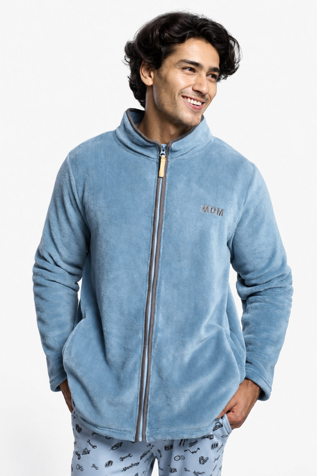 Peignoir court homme polaire corail bleu avec zip