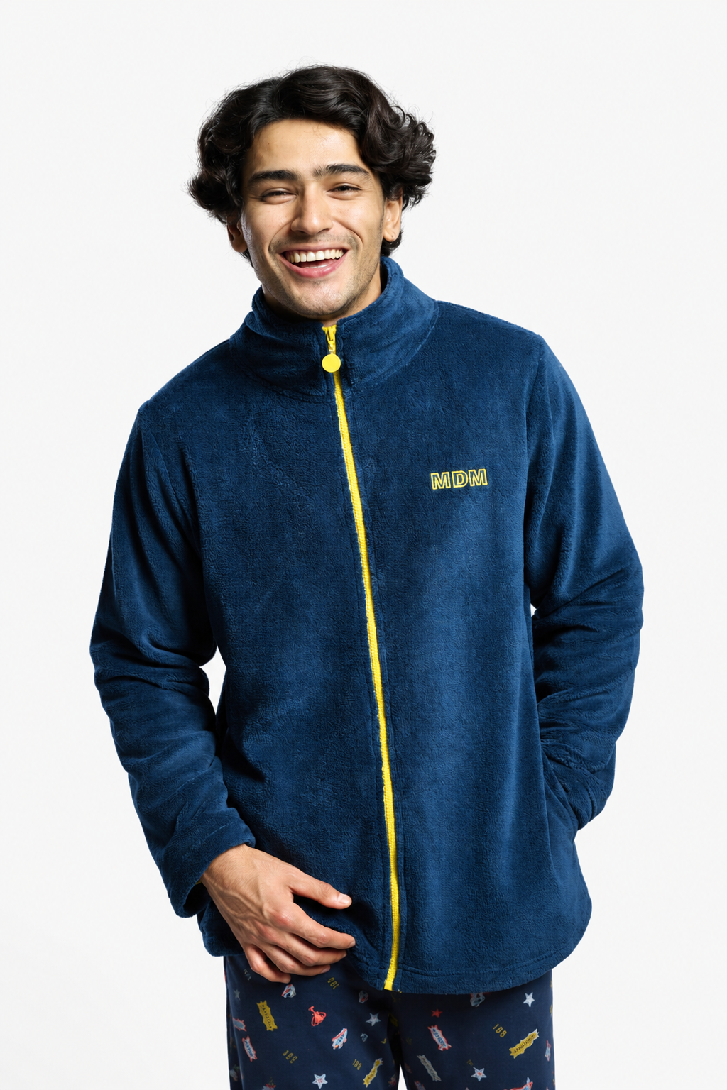 Peignoir court homme polaire corail fermeture zippée contrastée