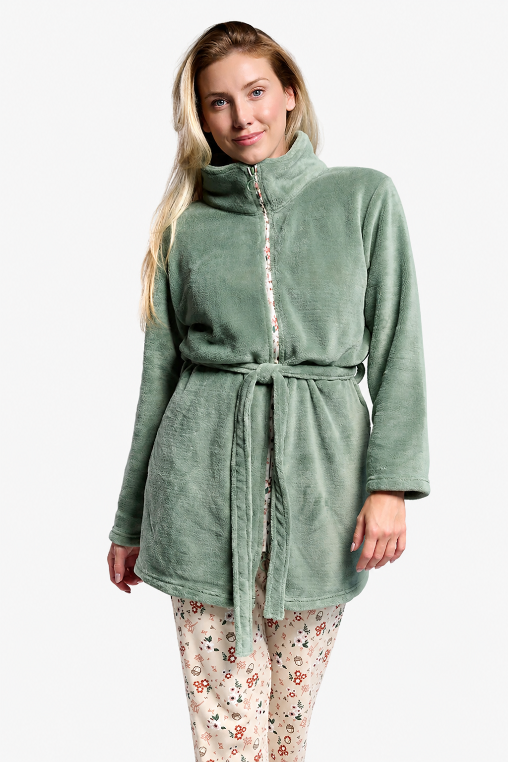 Peignoir court femme polaire corail vert avec zip et ceinture
