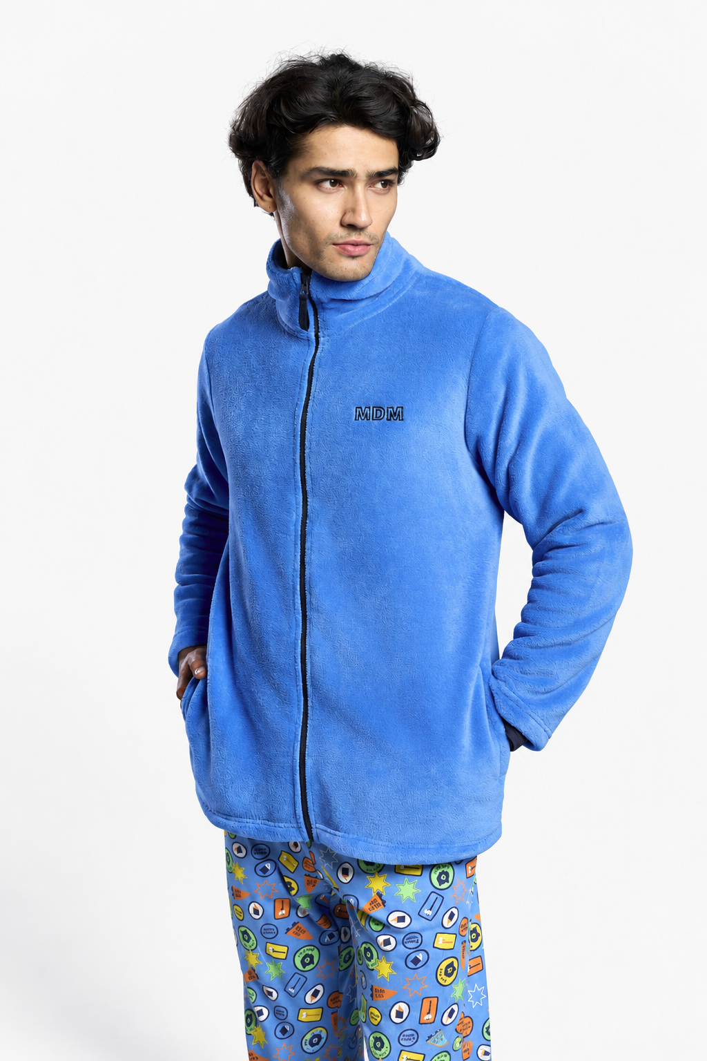 Peignoir court homme polaire corail bleu détail brodé