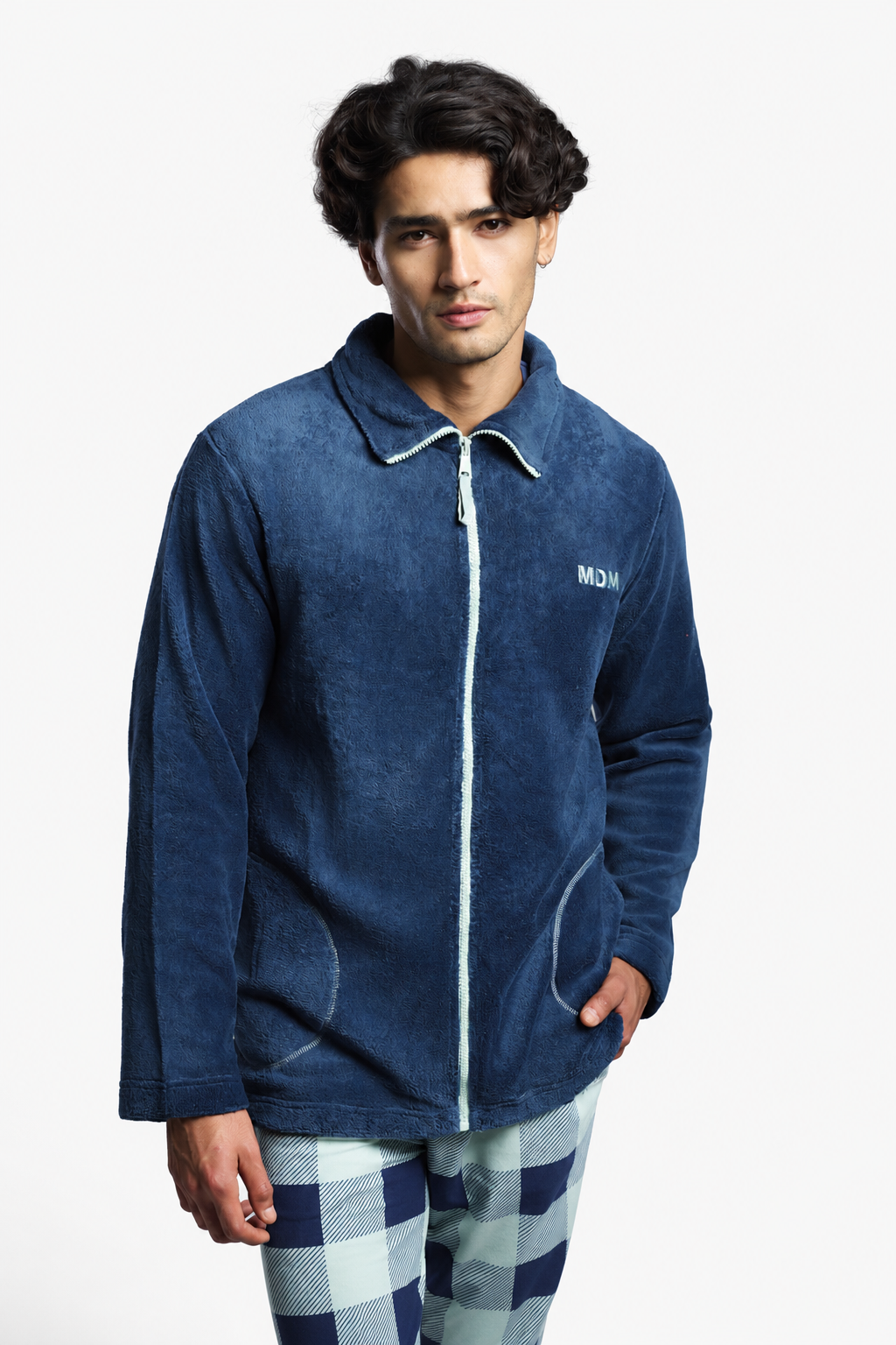 Peignoir court homme polaire corail bleu marine zip contrasté