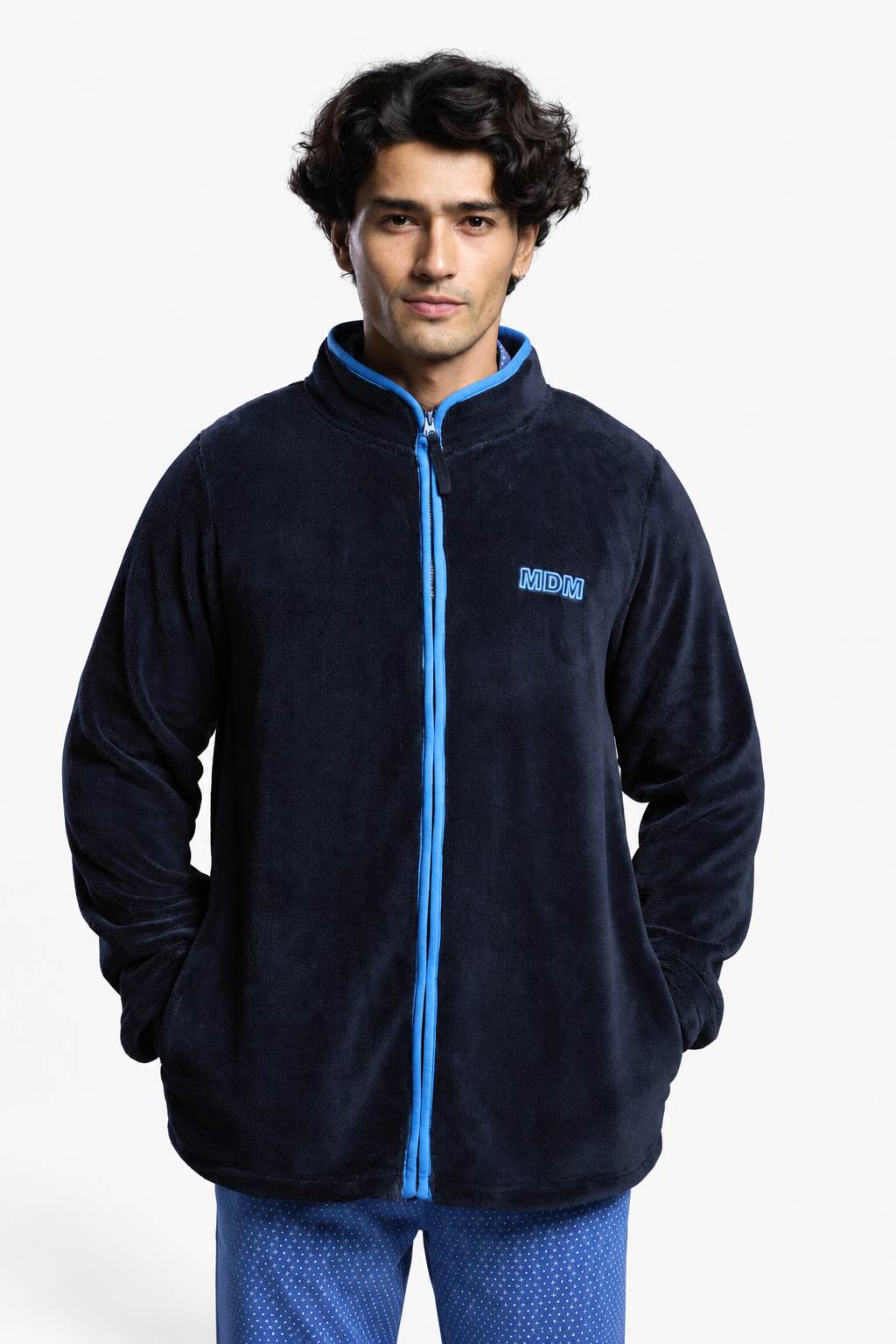 Peignoir court homme polaire corail bleu marine détail brodé