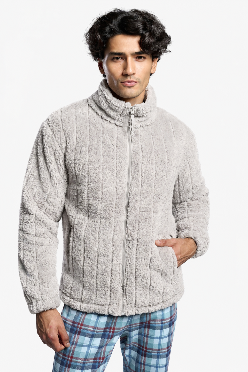 Peignoir court homme polaire sherpa jacquard gris