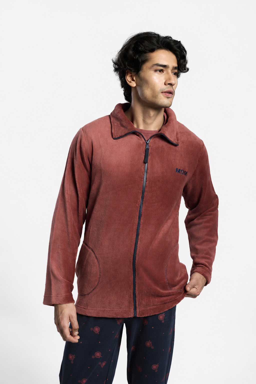 Peignoir court homme polaire corail rouge brique zip contrasté
