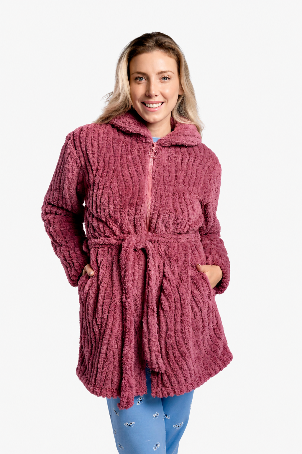 Peignoir midi femme polaire sherpa bordeaux texturé