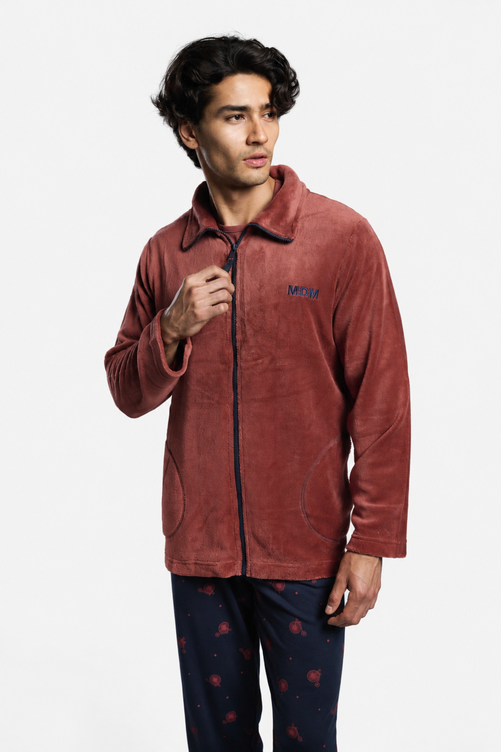 Peignoir court homme polaire corail rouge brique zip contrasté