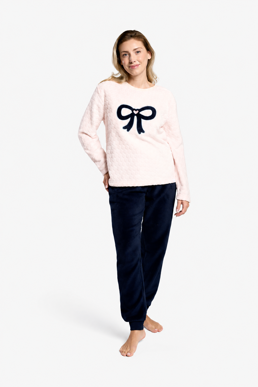 Pyjama long femme polaire corail détail nœud